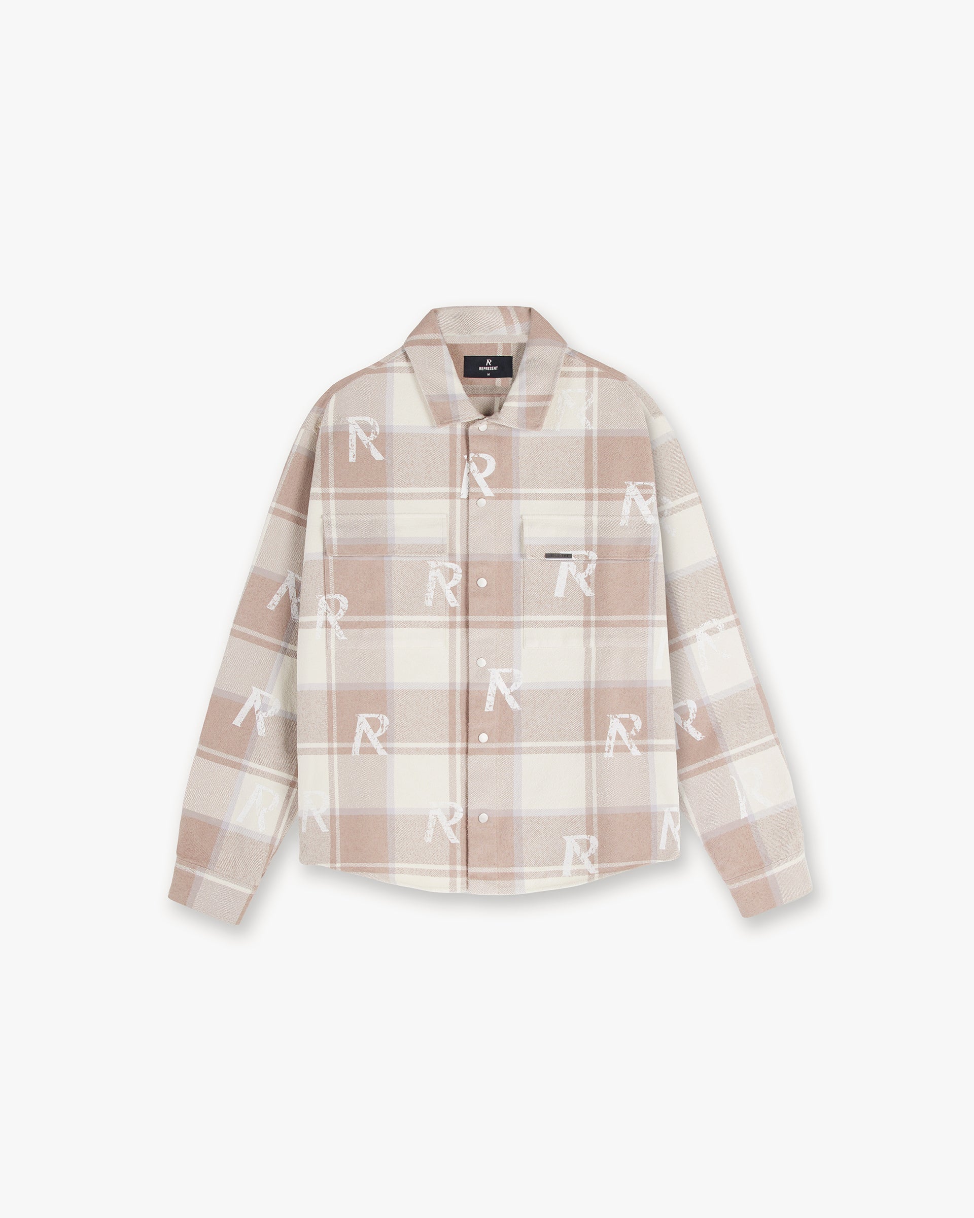 Front product image of a mens beige flannel shirt on a plain white background | All Over Initial Flannel Shirt in Cashmere | Flannel shirt with all over initial print | SS24 Shirts | Represent Clo