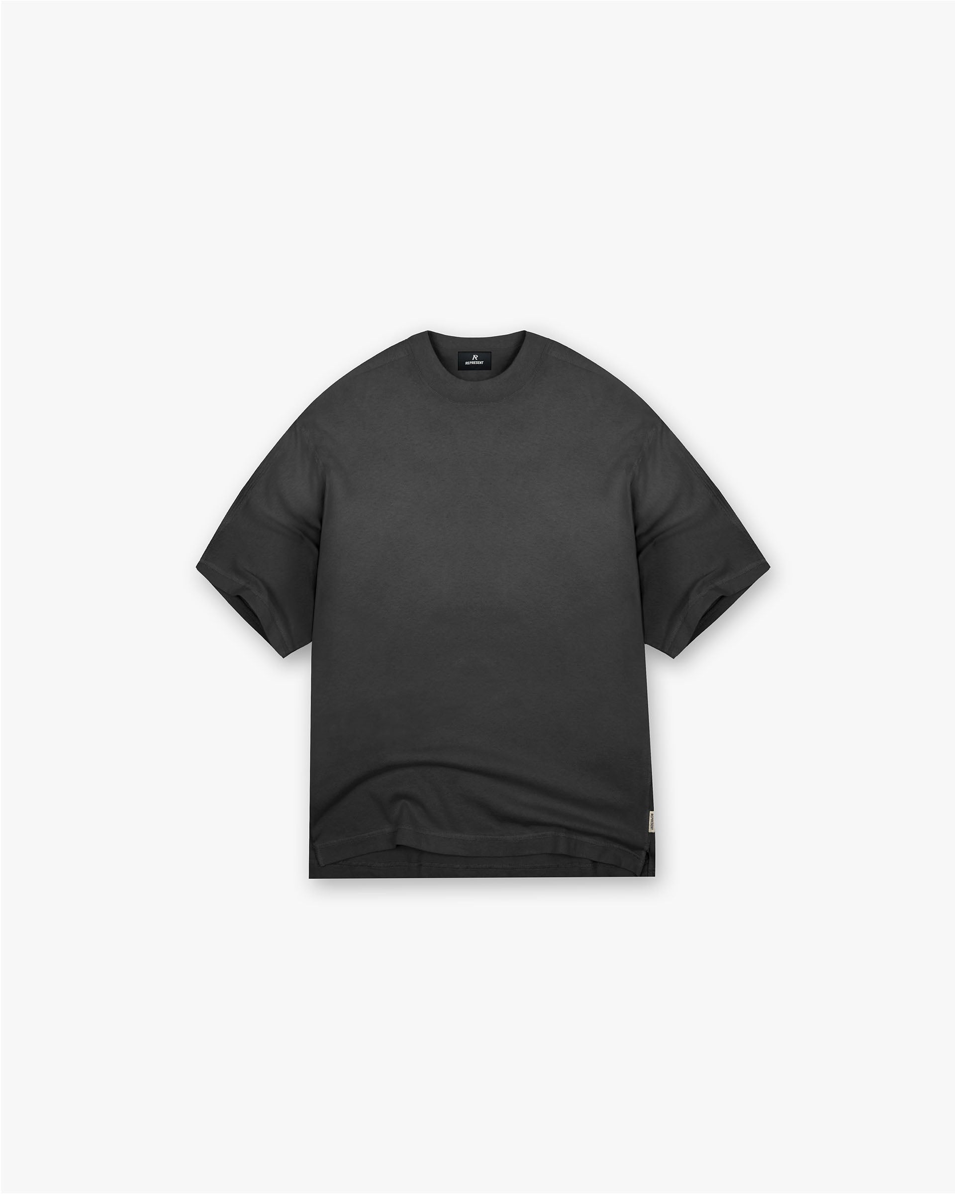 Front product image of a mens black t-shirt on a plain white background | Stepped Hem T-Shirt in Stained Black | T-shirt with tailored fit and stepped hem | FW24 T-Shirts | Represent Clo