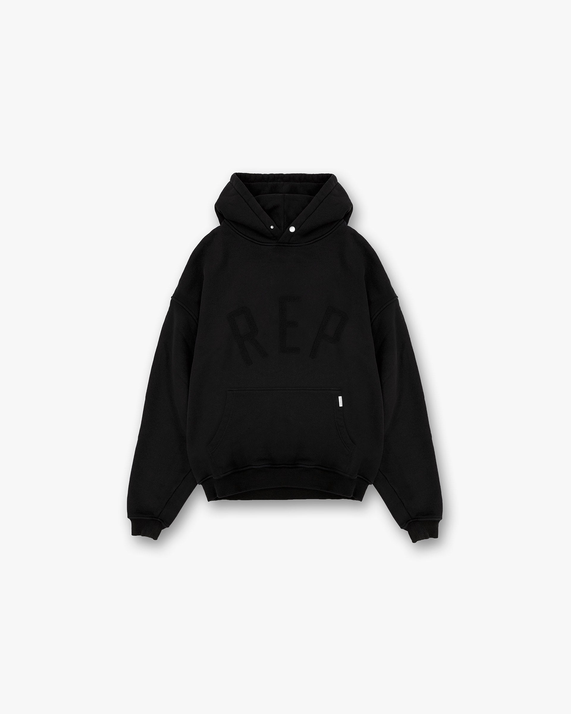 Front product image of a mens black hoodie on a plain white background | Rep Applique Hoodie in Off Black | Hoodie with applique detailing | SS25 Hoodies | Represent Clo