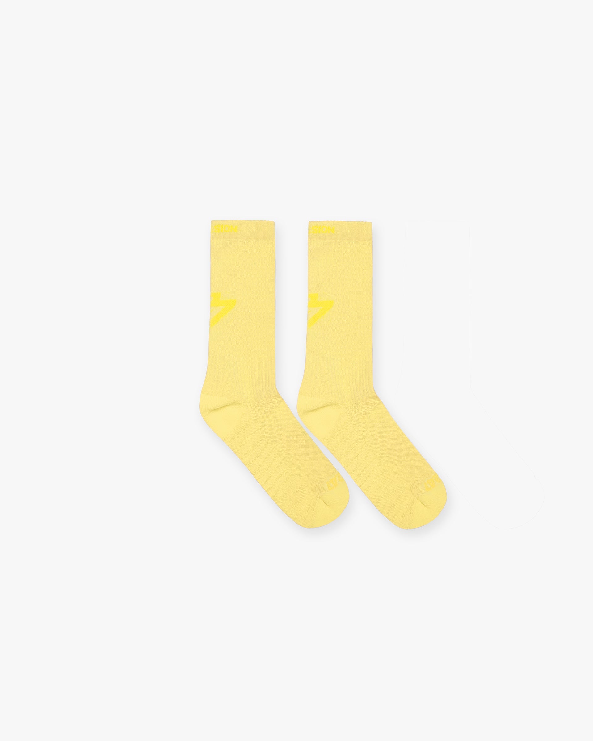 Product image of mens lemon socks on a plain white background | 247 Logo Socks in Lemon | Soft cotton blend socks with logo detailing | 247 Accessories | Represent Clo