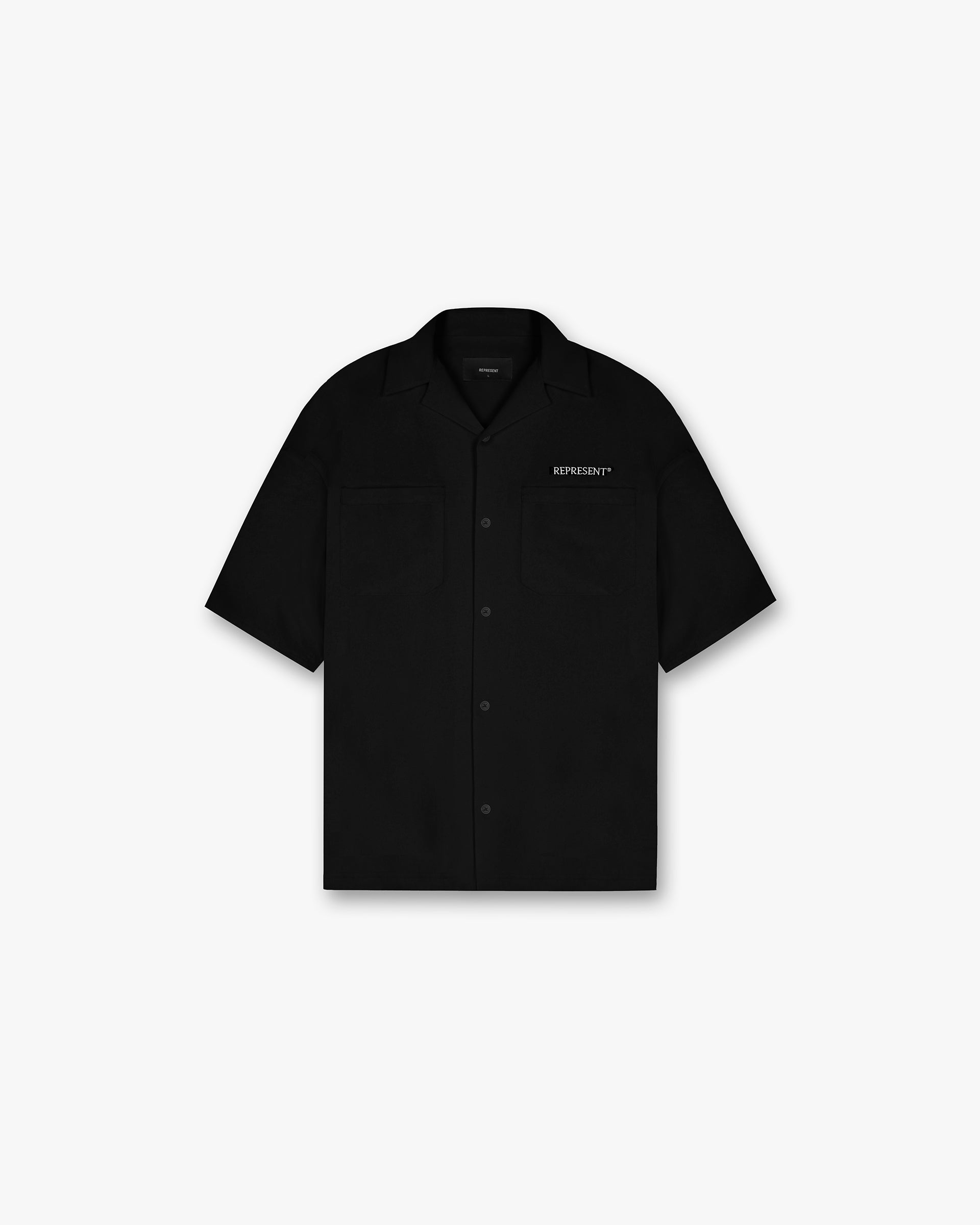 Front product image of a mens black shirt on a plain white background | Bowling Shirt in Black | Short-sleeve shirt with button-up front | SS24 Shirts | Represent Clo