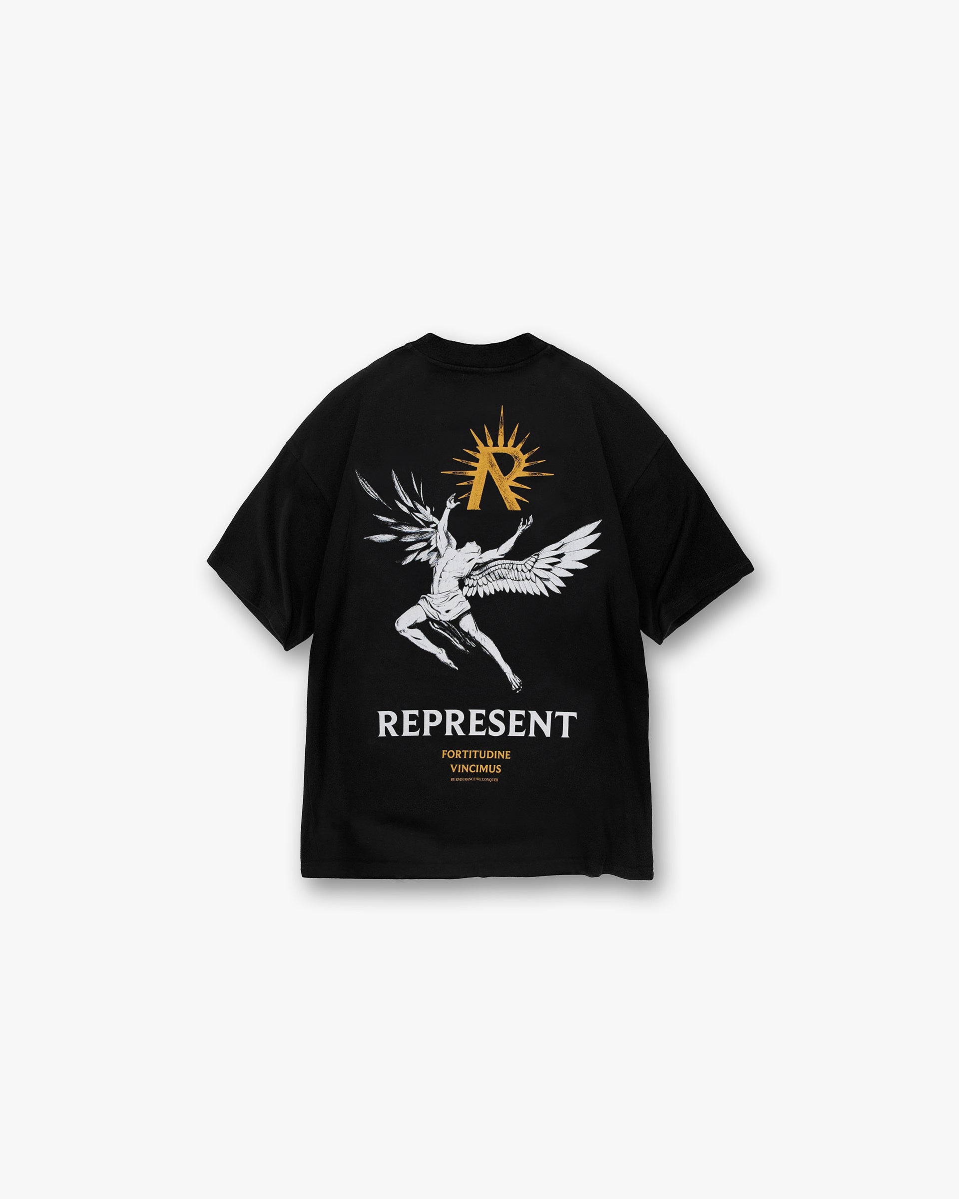 Back product image of a mens black t-shirt on a plain white background | Icarus T-Shirt in Jet Black | Oversized t-shirt with Icarus graphic | SS24 T-Shirts | Represent Clo
