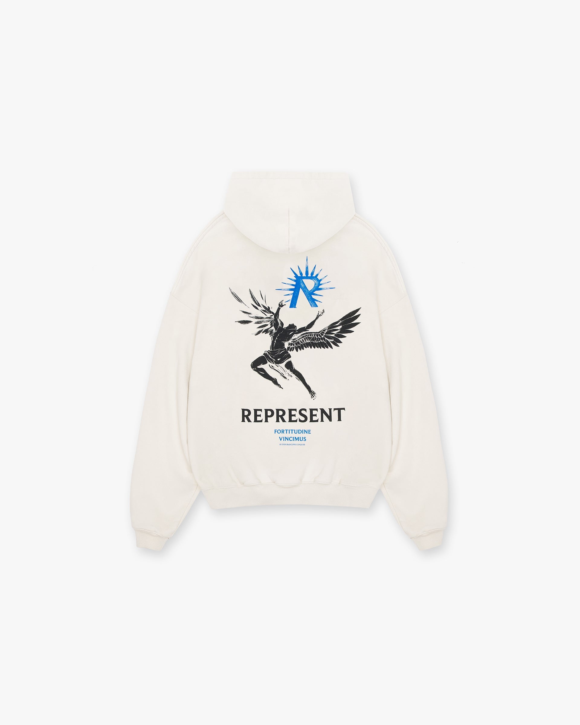 Back product image of a mens white hoodie on a plain white background | Icarus Hoodie in Flat White | Oversized hoodie with ribbed hem and cuffs | SS24 Hoodies | Represent Clo