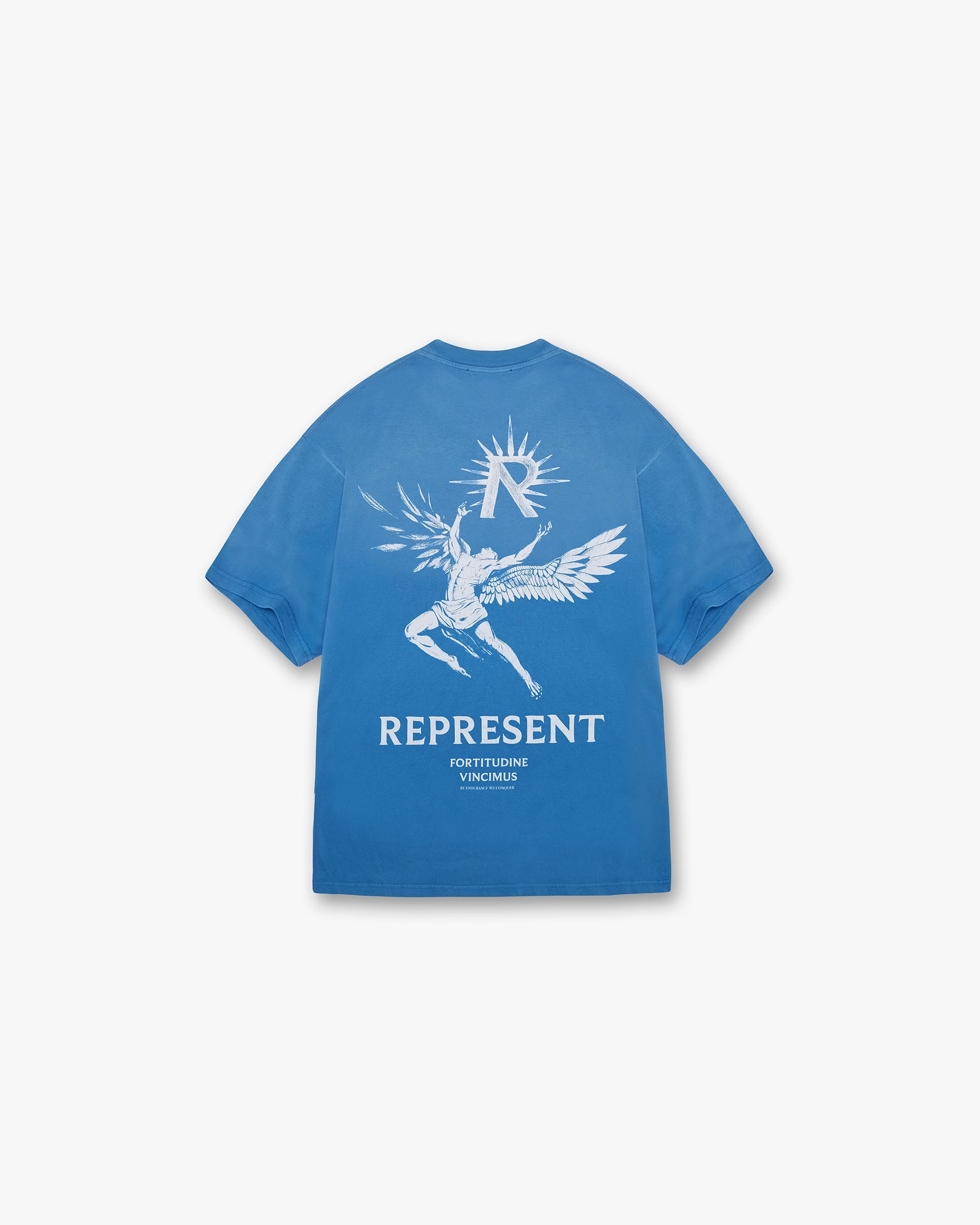 Back product image of a mens blue t-shirt on a plain white background | Icarus T-Shirt in Sky Blue | Sky blue t-shirt with oversized fit and Icarus graphic | SS24 T-Shirts | Represent Clo