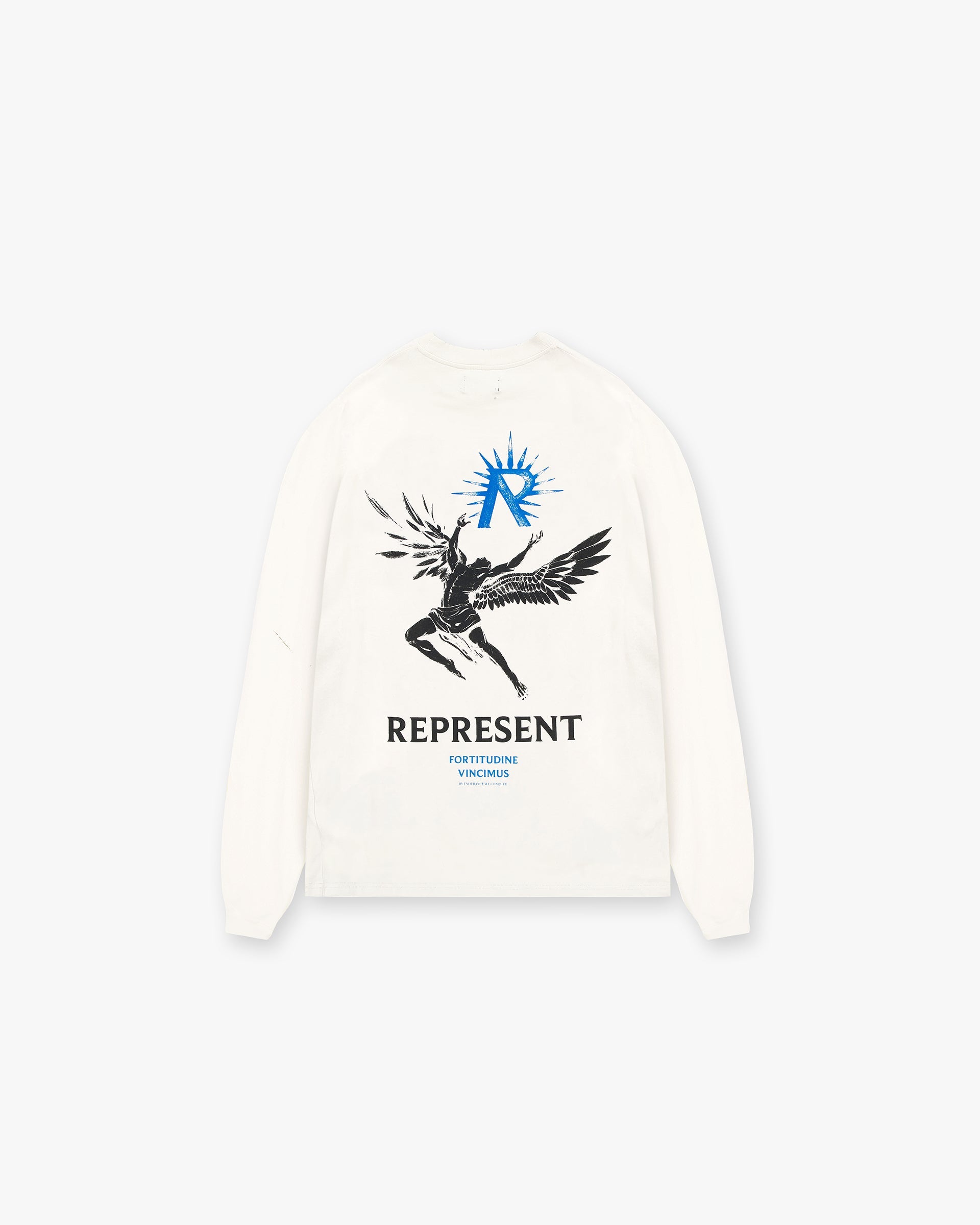 Back product image of a mens white long sleeve t-shirt on a plain white background | Icarus Long Sleeve T-Shirt in Flat White | Long sleeve t-shirt with ribbed cuffs and Icarus graphic | SS24 T-Shirts | Represent Clo
