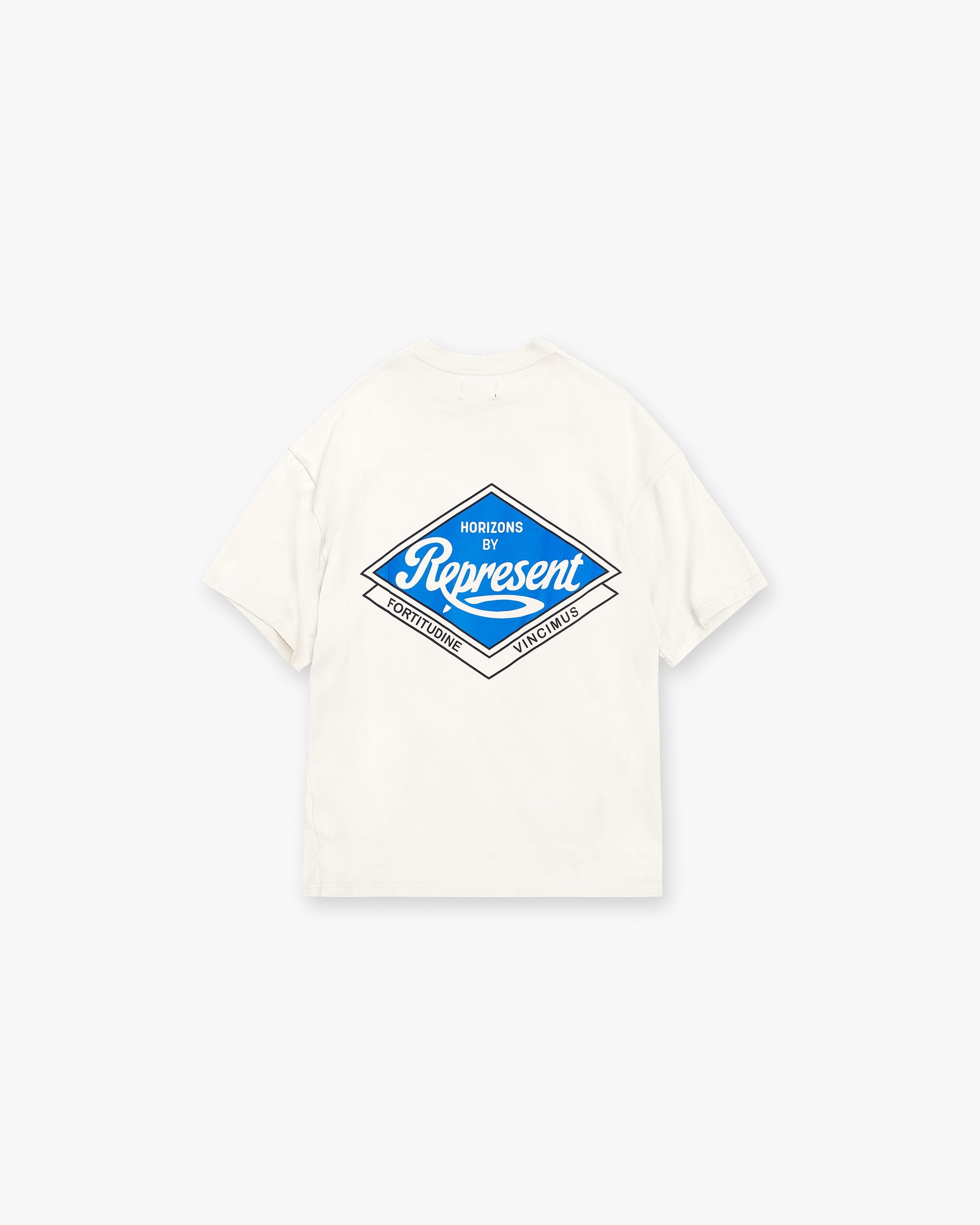 Back product image of a mens white t-shirt on a plain white background | Classic Parts T-Shirt in Flat White | Oversized fit t-shirt with Horizons motorsport graphic | SS24 T-Shirts | Represent Clo