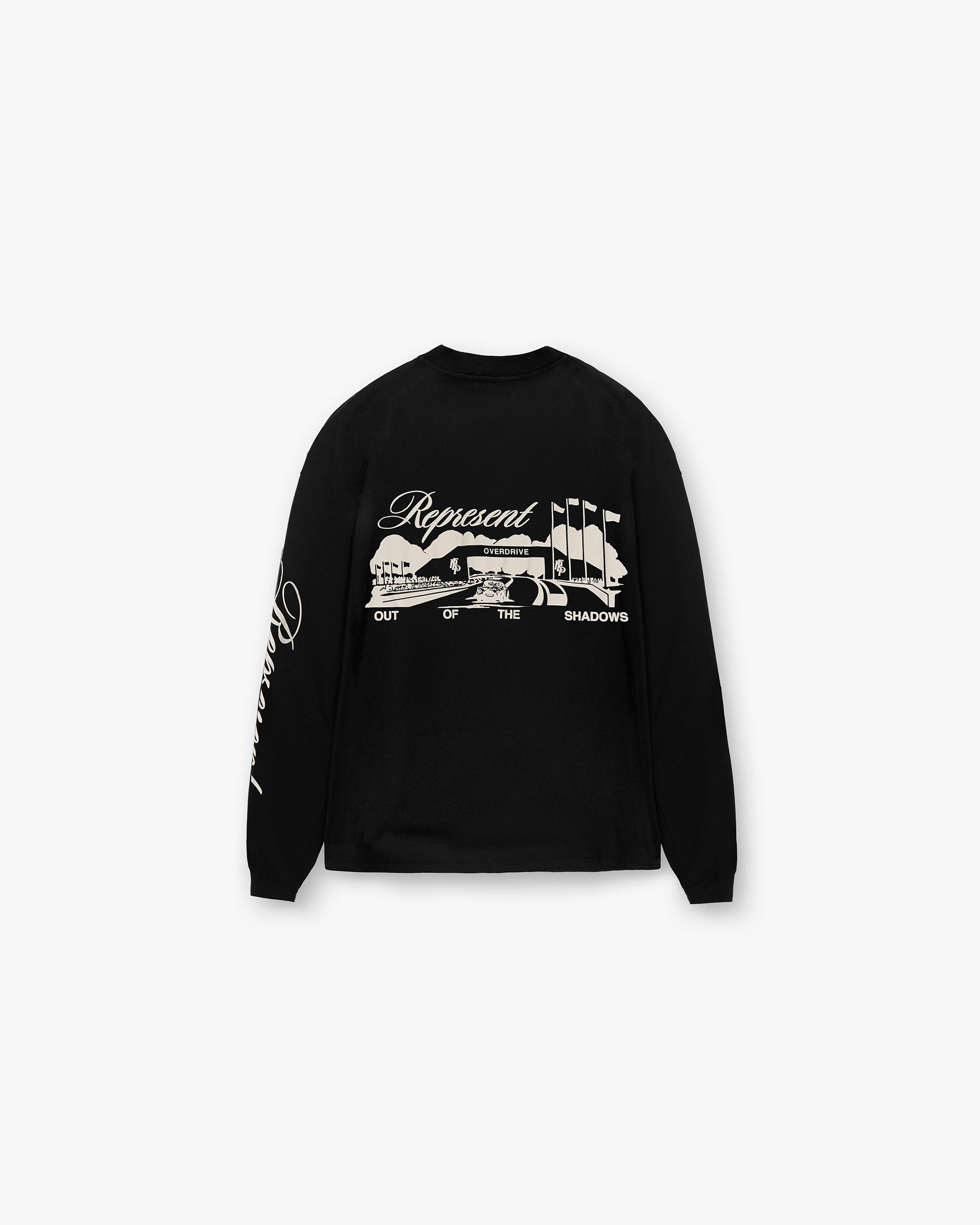 Back product image of a mens black long sleeve t-shirt on a plain white background | Raceway Long Sleeve T-Shirt in Jet Black | Slightly oversized t-shirt with puff print graphics | SS25 T-Shirts | Represent Clo