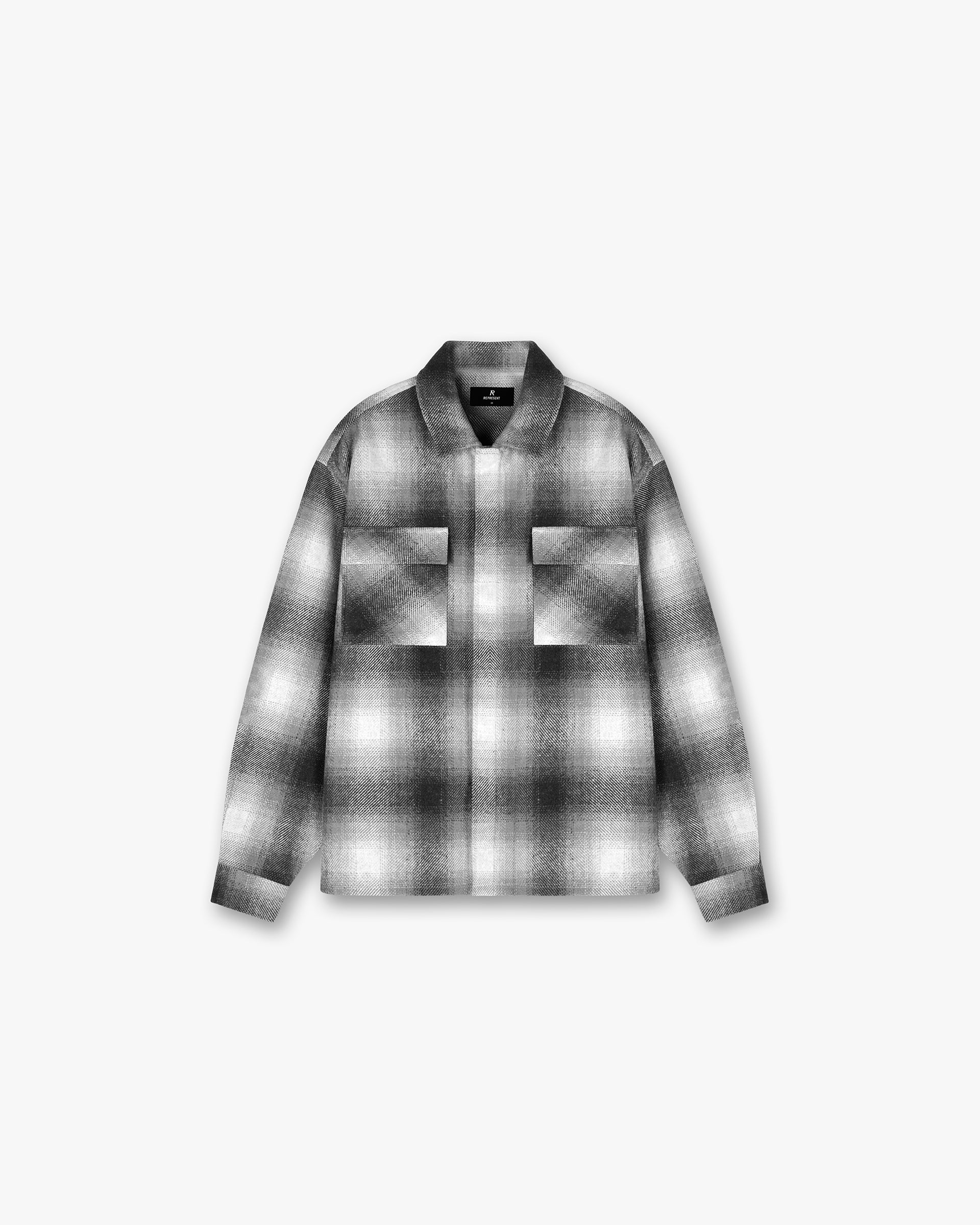 Front product image of a mens black and white flannel shirt on a plain white background | Spirits Of Summer Flannel Shirt in Black White | Flannel shirt with classic collar and button closure | SS24 Shirts | Represent Clo