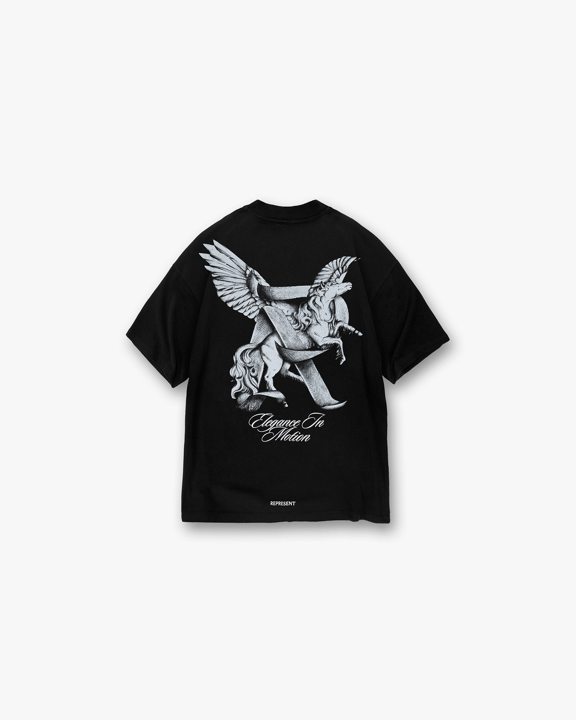 Back product image of a mens black t-shirt on a plain white background | Elegance In Motion T-Shirt in Jet Black | Slightly oversized with Elegance in Motion graphic | SS25 T-Shirts | Represent Clo