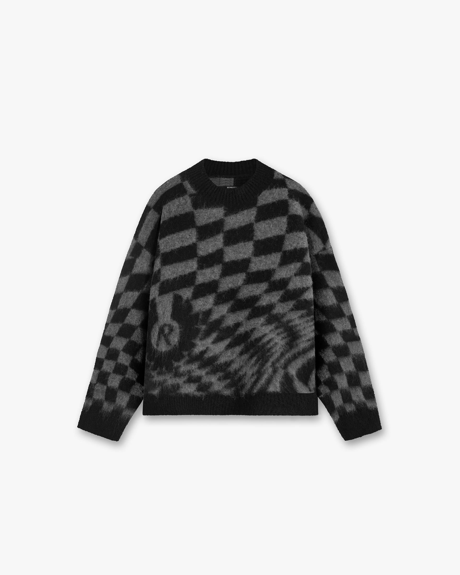 Front product image of a mens grey knit sweater on a plain white background | Represent X Belstaff Checkerboard Knit Sweater in Shadow | Checkerboard knit sweater | Exclusives Knitwear | Represent Clo
