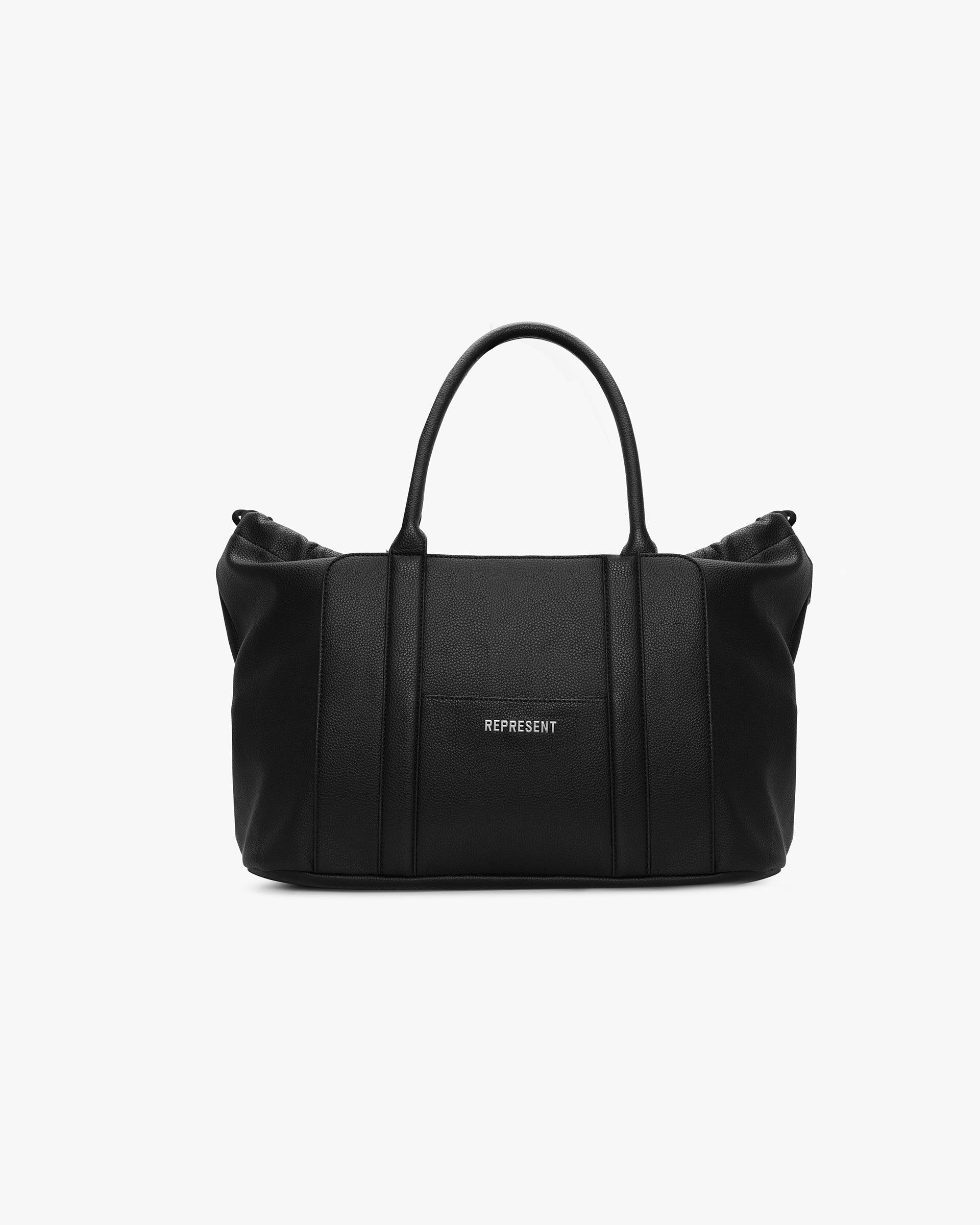 Back product image of a mens black bag on a plain white background | Faux Leather Holdall in Jet Black | Faux leather holdall with reinforced panels and drawstring closure | SS25 Accessories | Represent Clo