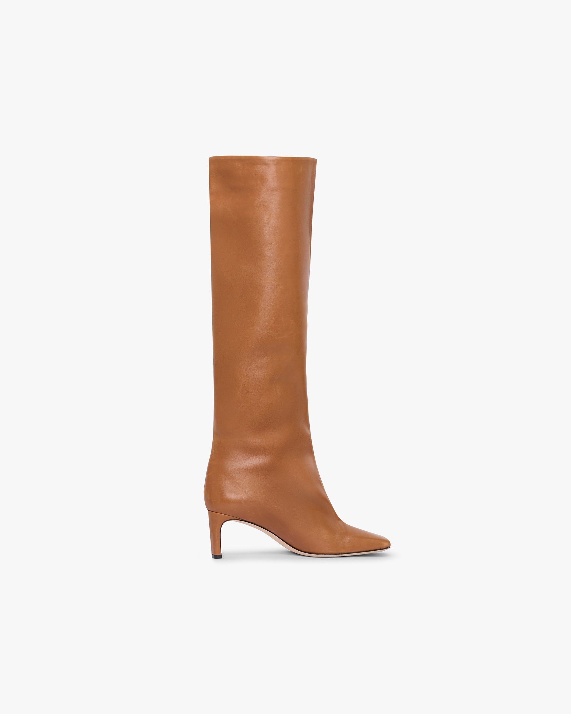 Front product image of a womens tan knee boot on a plain white background | Square Toe Knee Boot in Tan | Knee boot with square toe design | Womens SS25 Footwear | Represent Clo