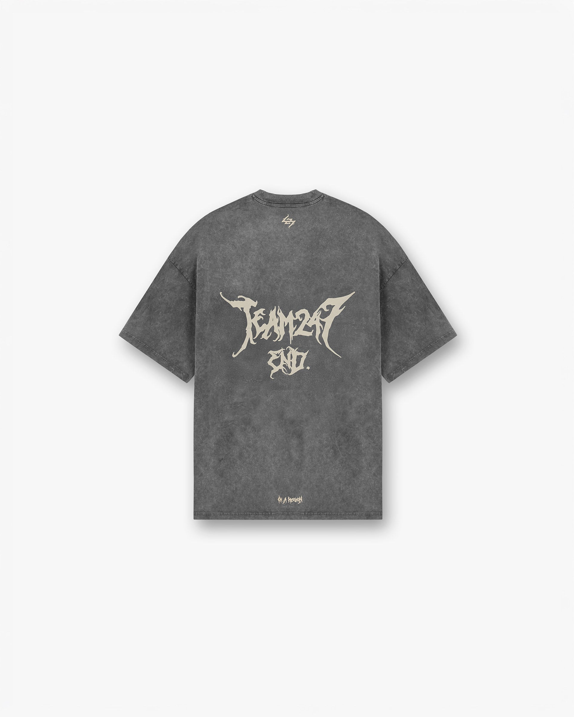 Back product image of a mens grey t-shirt on a plain white background | Team 247 X END Oversized T-Shirt in Washed Grey | T-shirt with co-branded graphics and ‘On a Mission’ print | 247 T-Shirts | Represent Clo