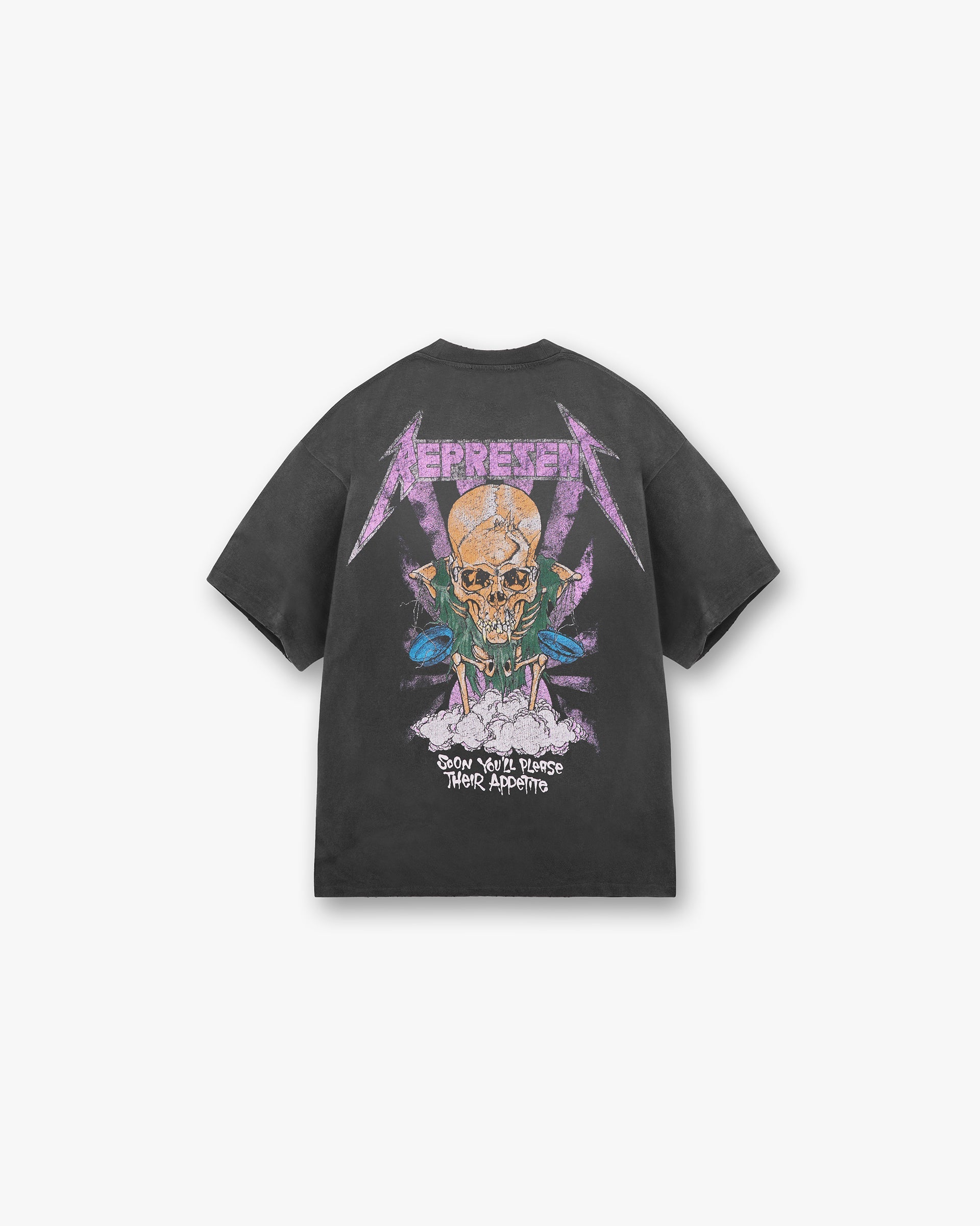 Back product image of a mens black t-shirt on a plain white background | Represent X Metallica Justice T-Shirt in Stained Black | Screen and puff printed oversized t-shirt | SS24 T-Shirts | Represent Clo