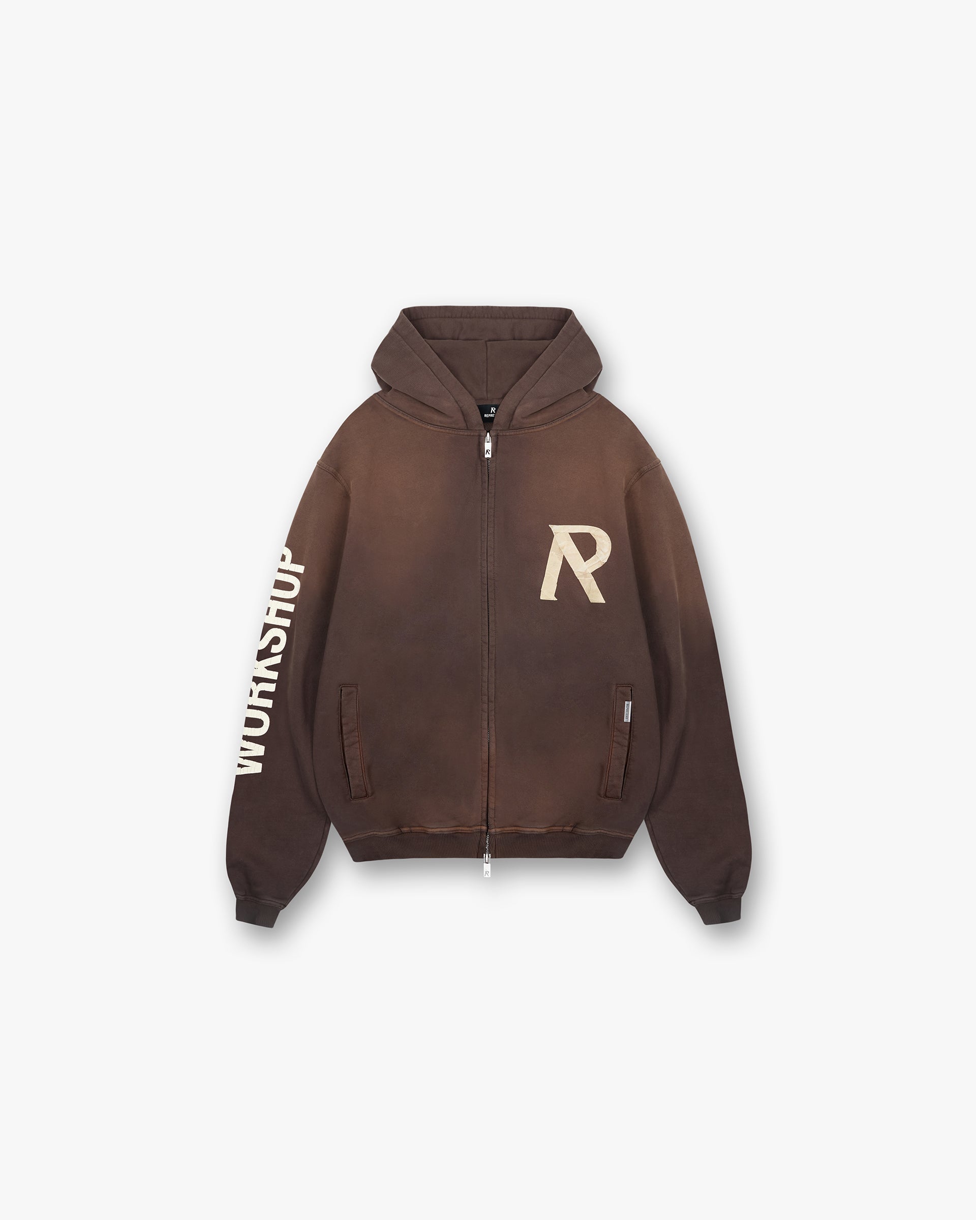 Front product image of a mens green hoodie on a plain white background | Masking Tape Initial Zip Hoodie in Cedar | Zip hoodie with funnel neck | FW24 Hoodies | Represent Clo