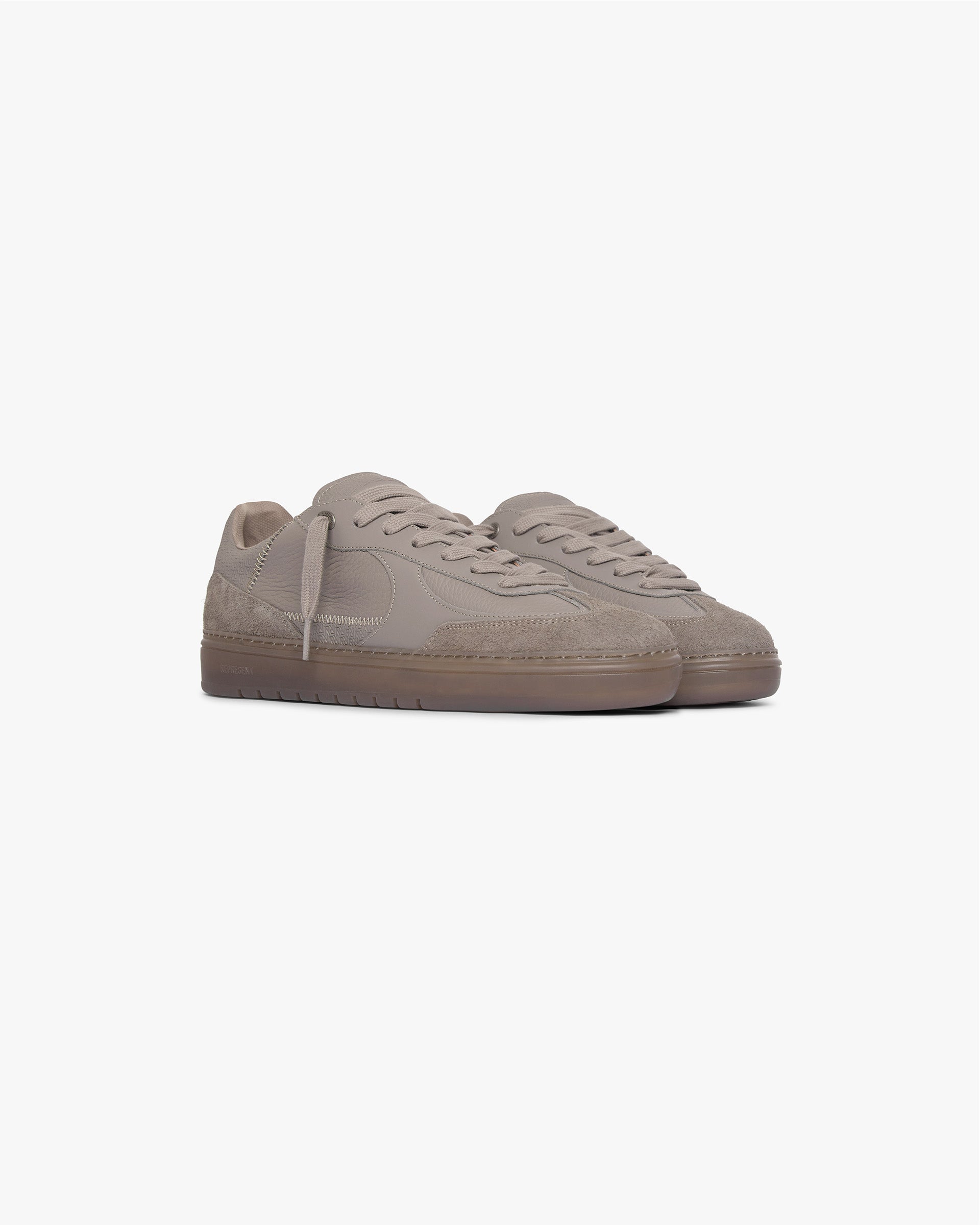 Back product image of mens washed taupe sneaker on a plain white background | Virtus in Washed Taupe | Low profile leather and suede sneaker | SS24 Footwear | Represent Clo