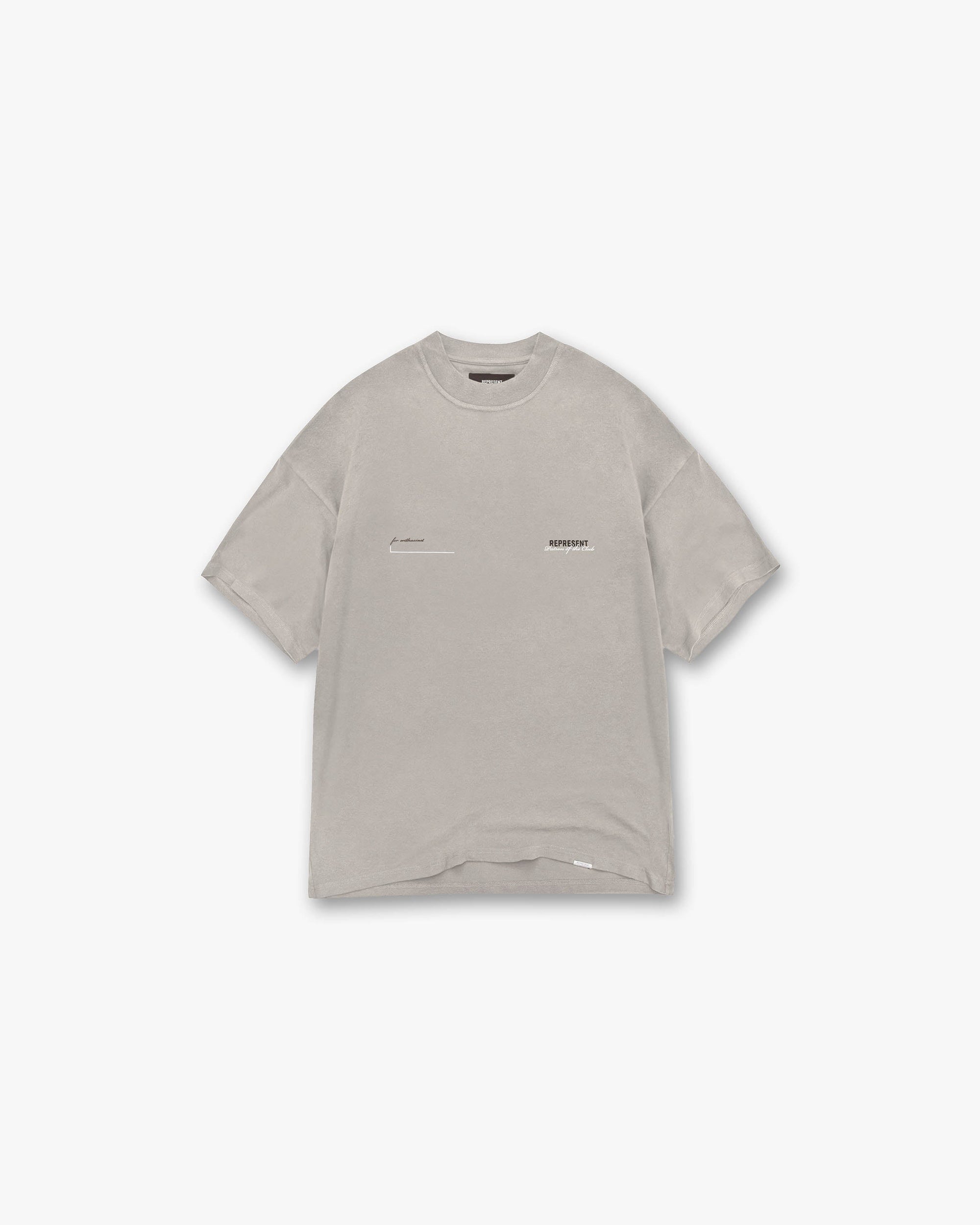 Front product image of a mens brown t-shirt on a plain white background | Patron Of The Club T-Shirt in Mudstone | 100% jersey cotton t-shirt with oversized fit | Patrons T-Shirts | Represent Clo