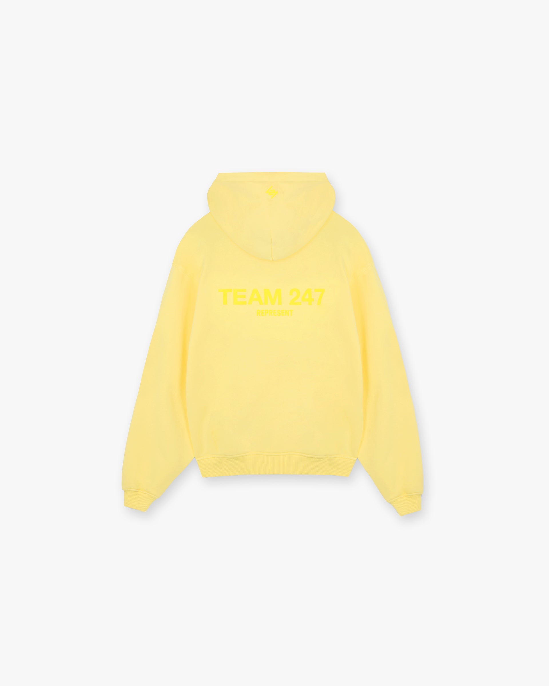Back product image of a mens yellow hoodie on a plain white background | Team 247 Oversized Hoodie in Lemon | Oversized hoodie with Team 247 print and ribbed cuffs | 247 Hoodies | Represent Clo
