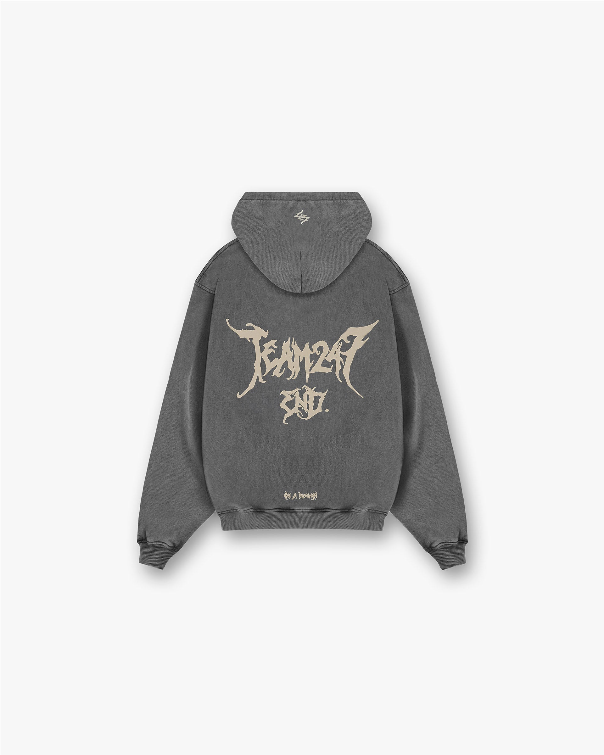 Back product image of a mens grey oversized hoodie on a plain white background | Team 247 X END Oversized Hoodie in Washed Grey | Oversized hoodie with ribbed cuffs and hem | 247 Hoodies | Represent Clo