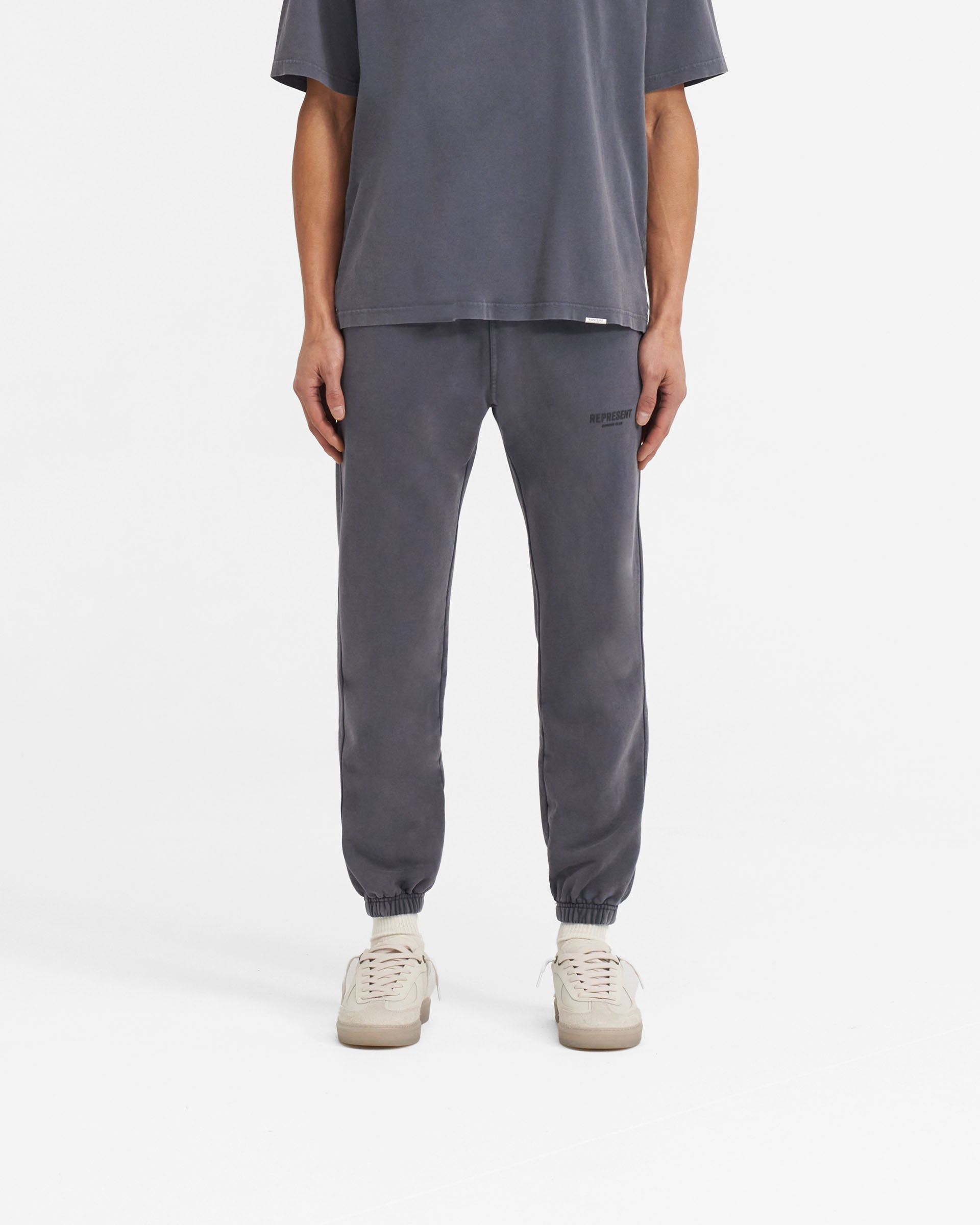 Back product image of mens grey sweatpants on a plain white background | Represent Owners Club Sweatpant in Storm | Heavy loopback cotton sweatpants with elastic cuffs and waistband | Owners Club Pants | Represent Clo