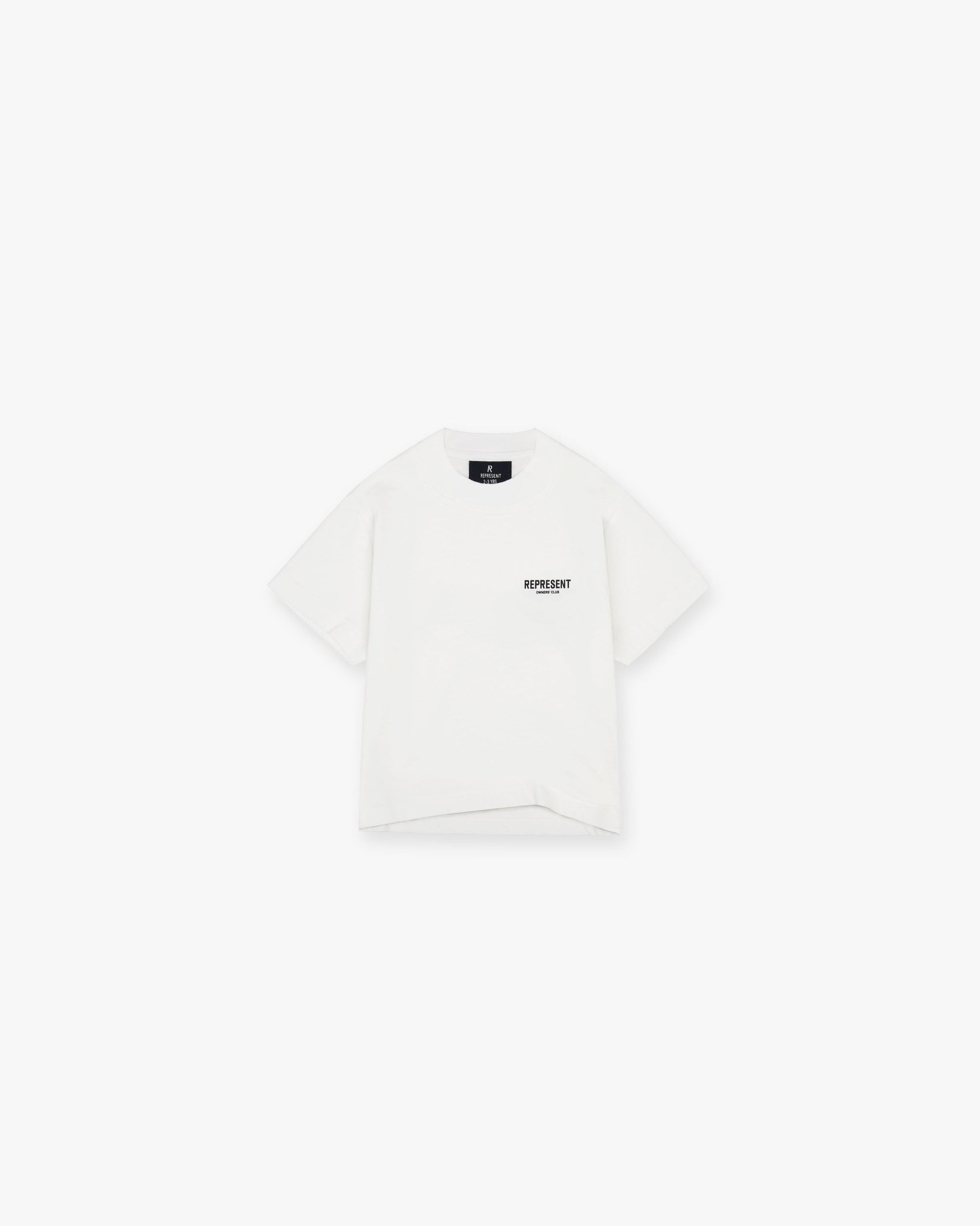 Back product image of a kids white t-shirt on a plain white background | Represent Mini Owners Club T-Shirt in Flat White | Slightly oversized fit kids t-shirt with screen printed graphic | Owners Club T-Shirts | Represent Clo
