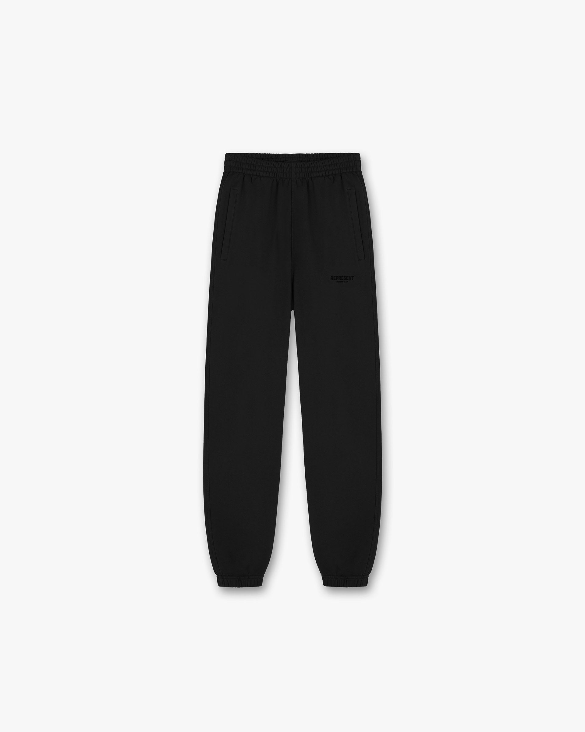 Front product image of mens black sweatpant on a plain white background | Represent Owners Club Flocked Sweatpant in Black | Sweatpants with a relaxed fit and elasticated waistband | Owners Club Pants | Represent Clo
