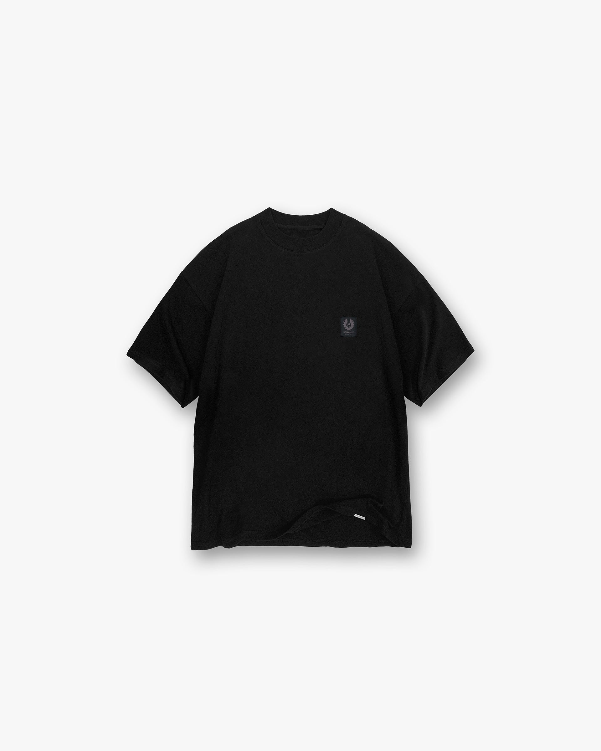 Front product image of a mens black long sleeve t-shirt on a plain white background | Represent X Belstaff Patch T-Shirt in Black | Perforated open knit long sleeve design | Exclusives T-Shirts | Represent Clo