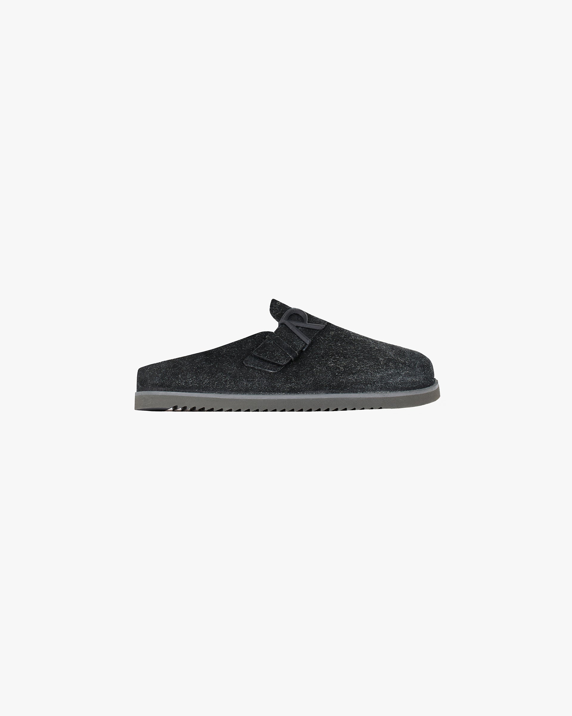 Front product image of mens black suede mules on a plain white background | Initial Mule Fleck Hairy Suede in Off Black | Black suede mules with a vintage look | FW24 Footwear | Represent Clo