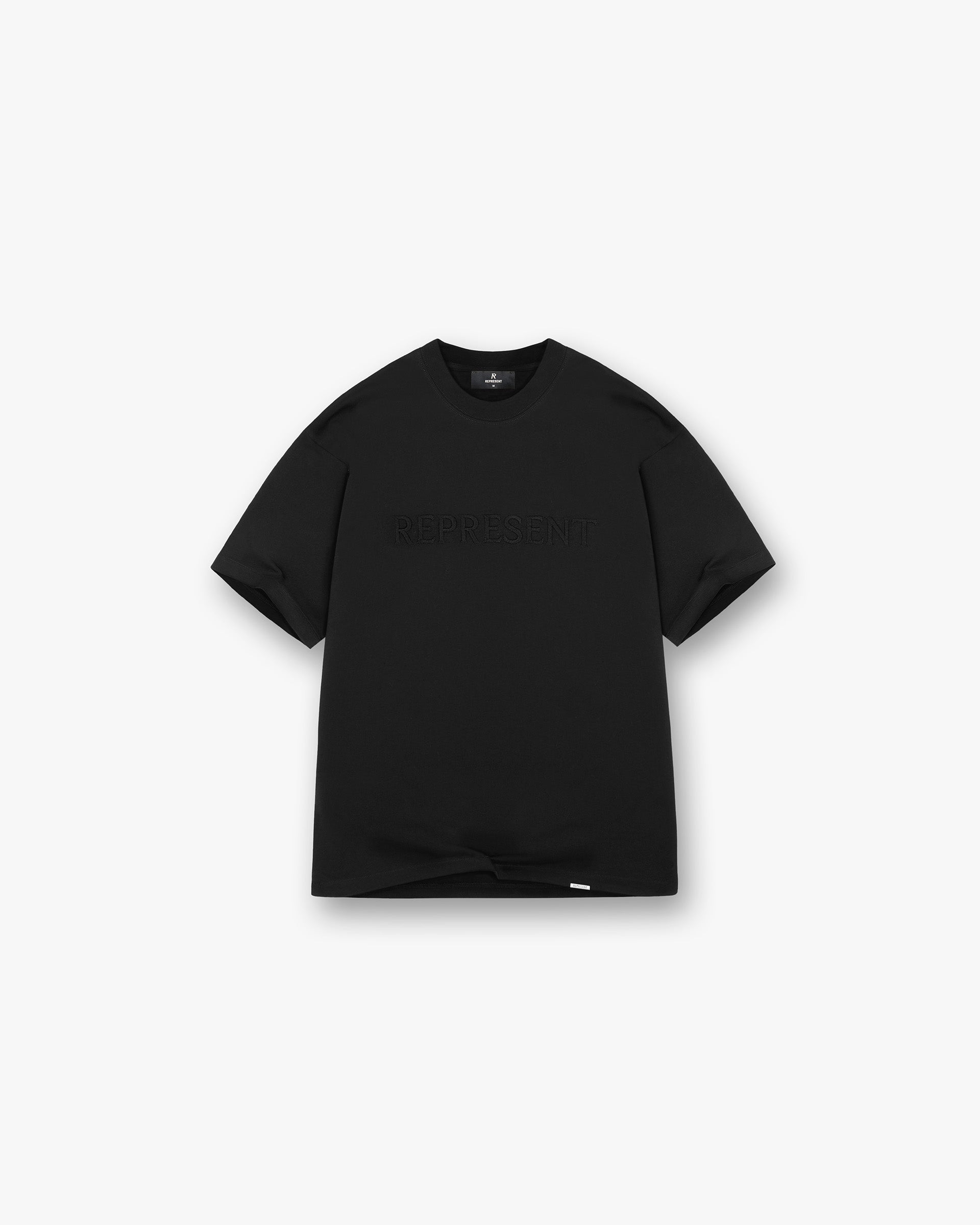 Front product image of a mens black t shirt on a plain white background | Serif Logo T Shirt in Jet Black | T shirt with appliqué logo | PRE SS25 T Shirts | Represent Clo