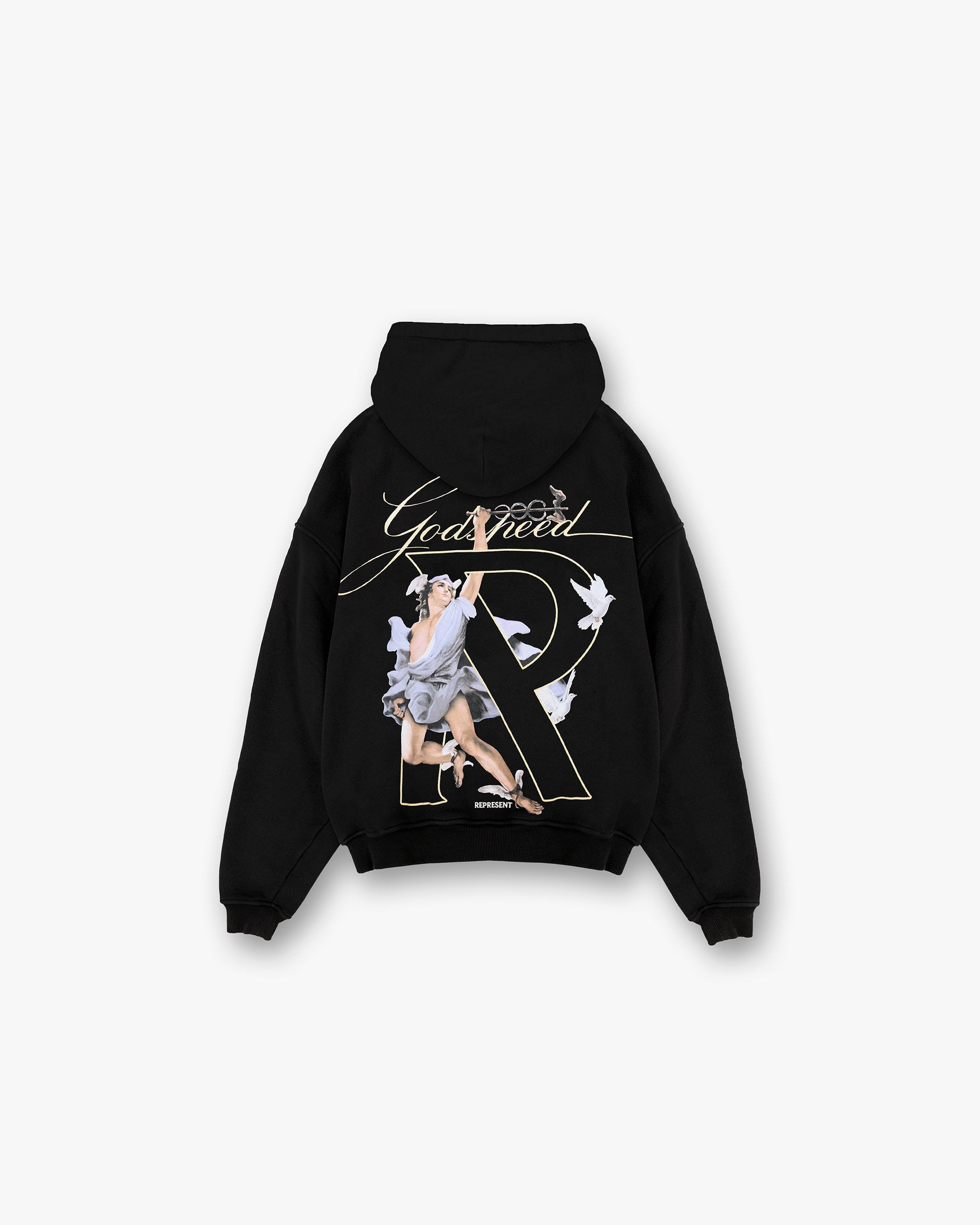 Back product image of a mens black hoodie on a plain white background | Hermes Zip Hoodie in Jet Black | Oversized hoodie with high density screen print and double zip closure | FW24 Hoodies | Represent Clo