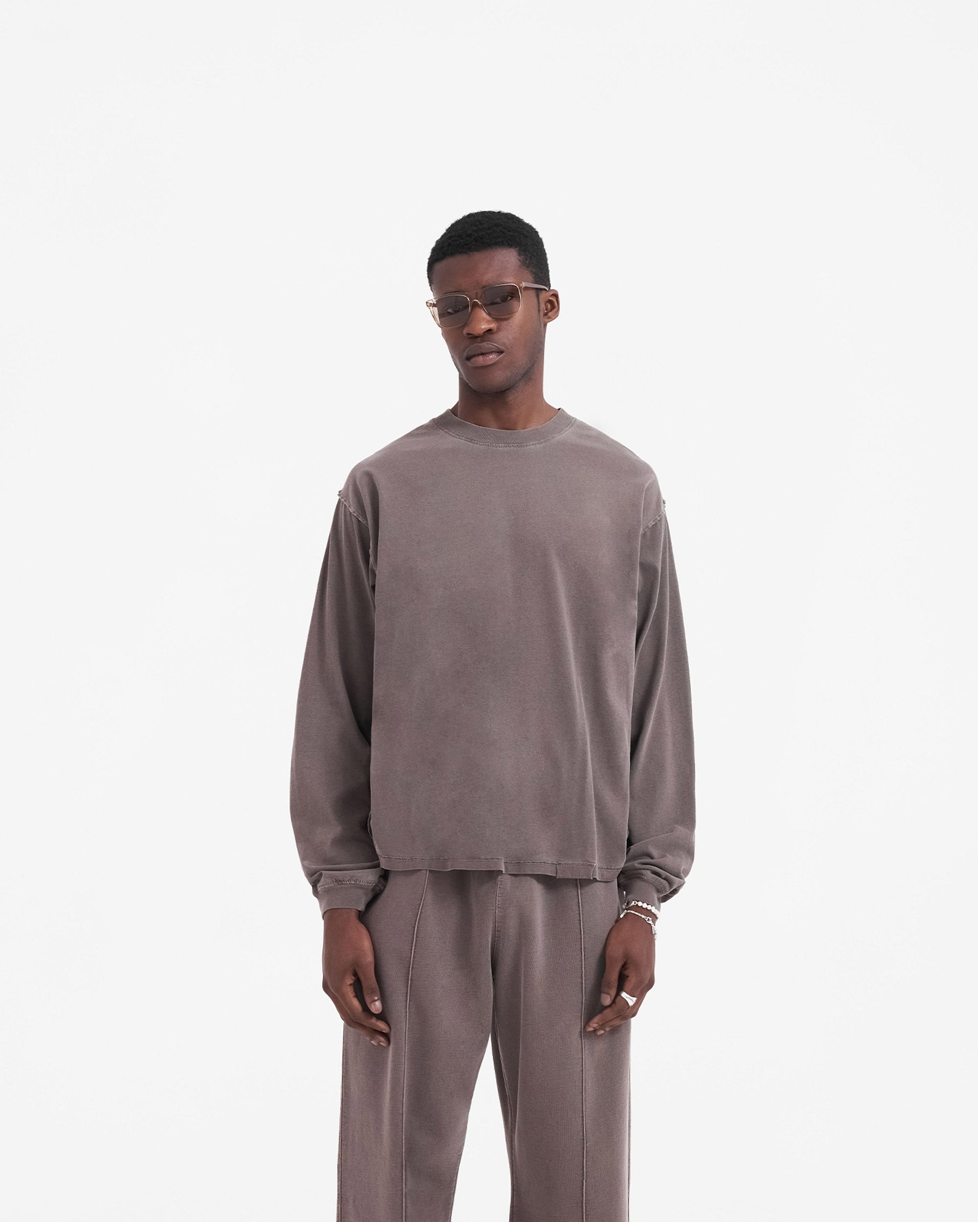 Back product image of a mens grey long sleeve t-shirt on a plain white background | Initial Long Sleeve T-Shirt in Fog | Oversized long sleeve t-shirt with external overlock seams | Initial T-Shirts | Represent Clo