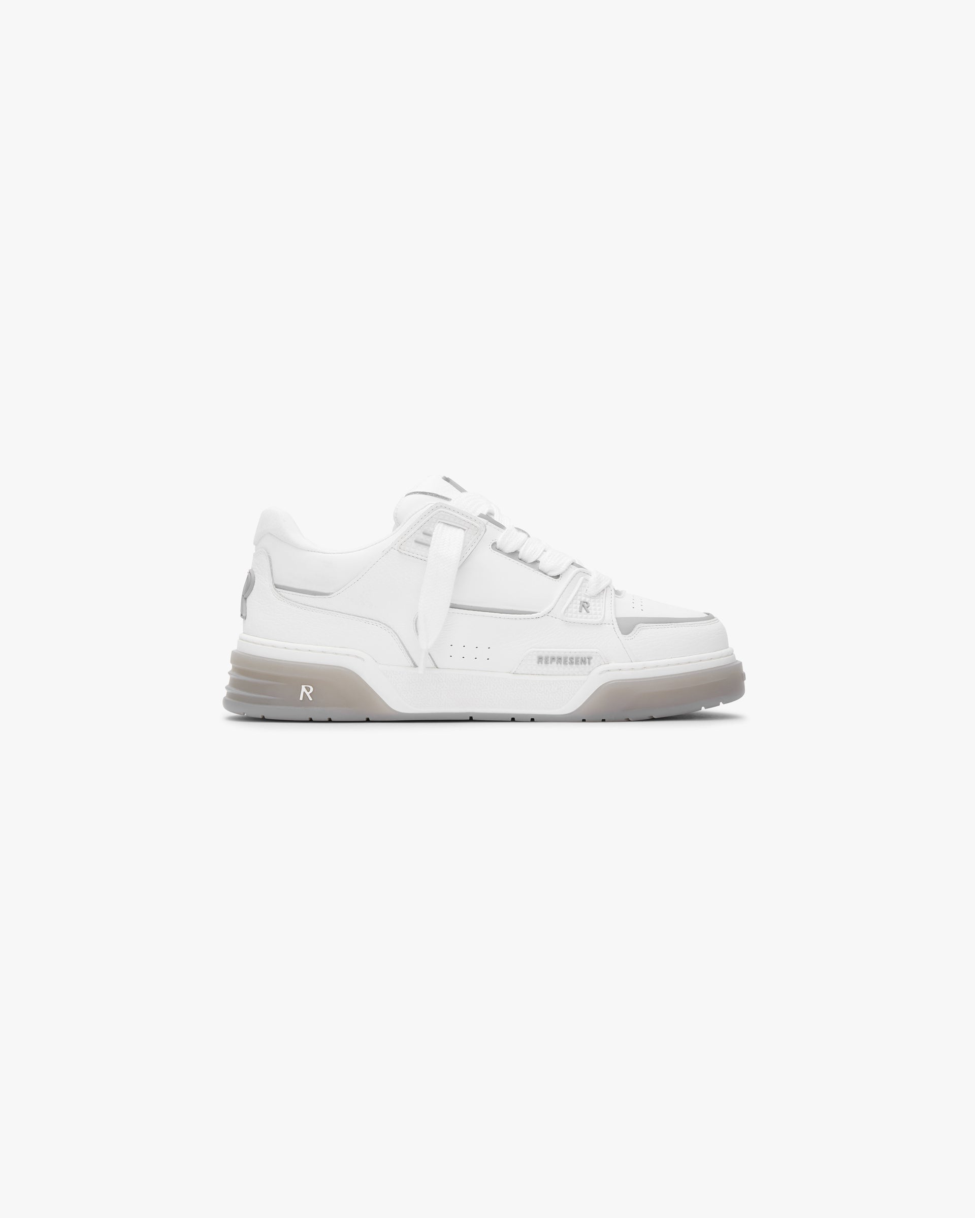 Front product image of mens white grey sneakers on a plain white background | Studio Sneaker in White Grey | Sneakers with ribbed detailing | SS24 Footwear | Represent Clo