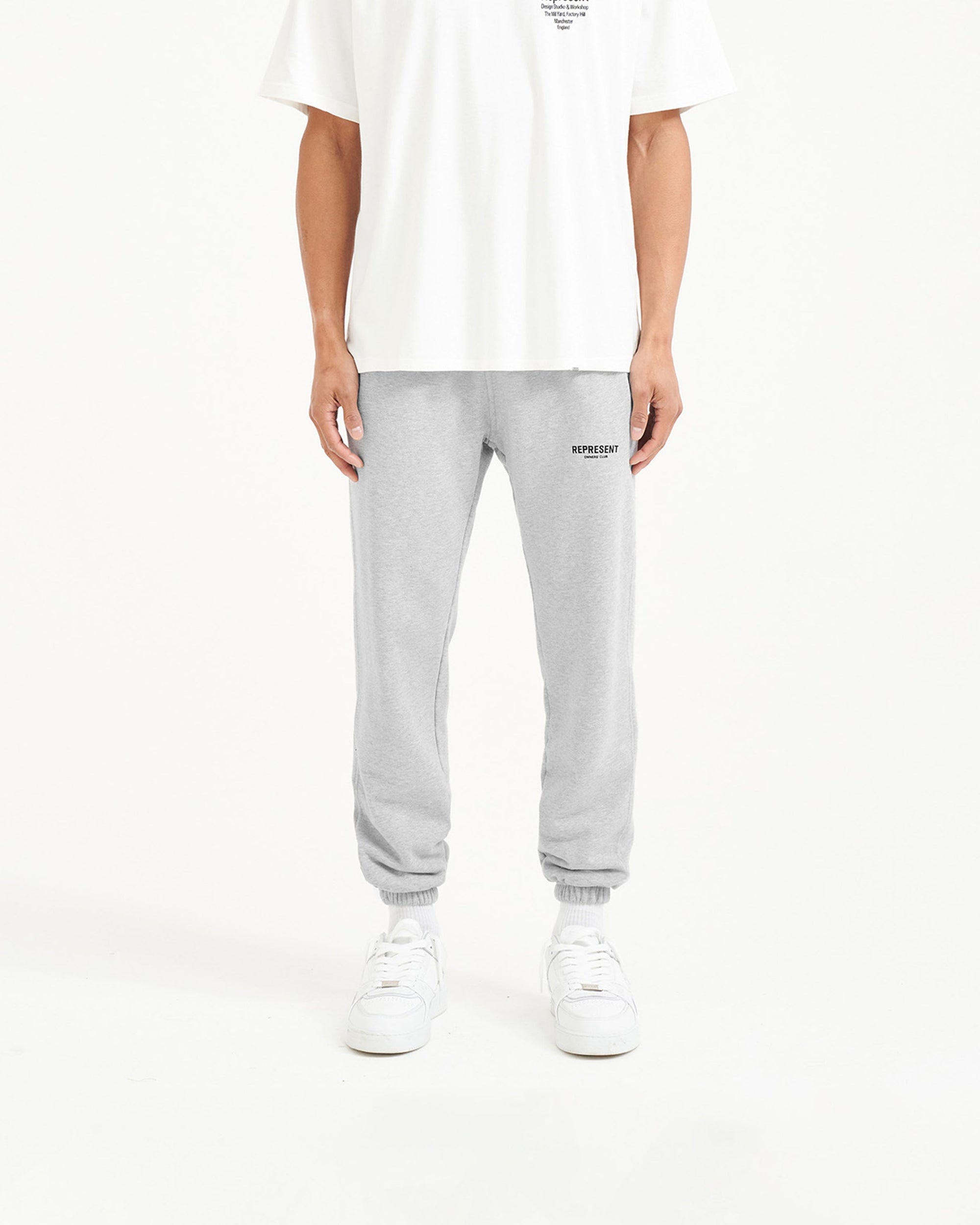 Back product image of mens grey sweatpants on a plain white background | Represent Owners Club Sweatpant in Ash Grey | Sweatpants with elasticated waistband and cuffs | Owners Club Pants | Represent Clo