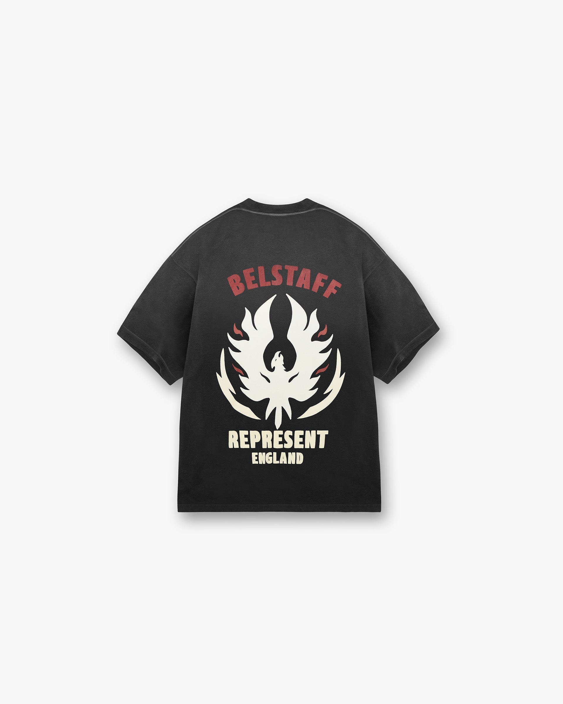 Back product image of a mens black t-shirt on a plain white background | Represent X Belstaff Flame Phoenix T-Shirt in Shadow | Oversized t-shirt with stylised logo prints | Exclusives T-Shirts | Represent Clo
