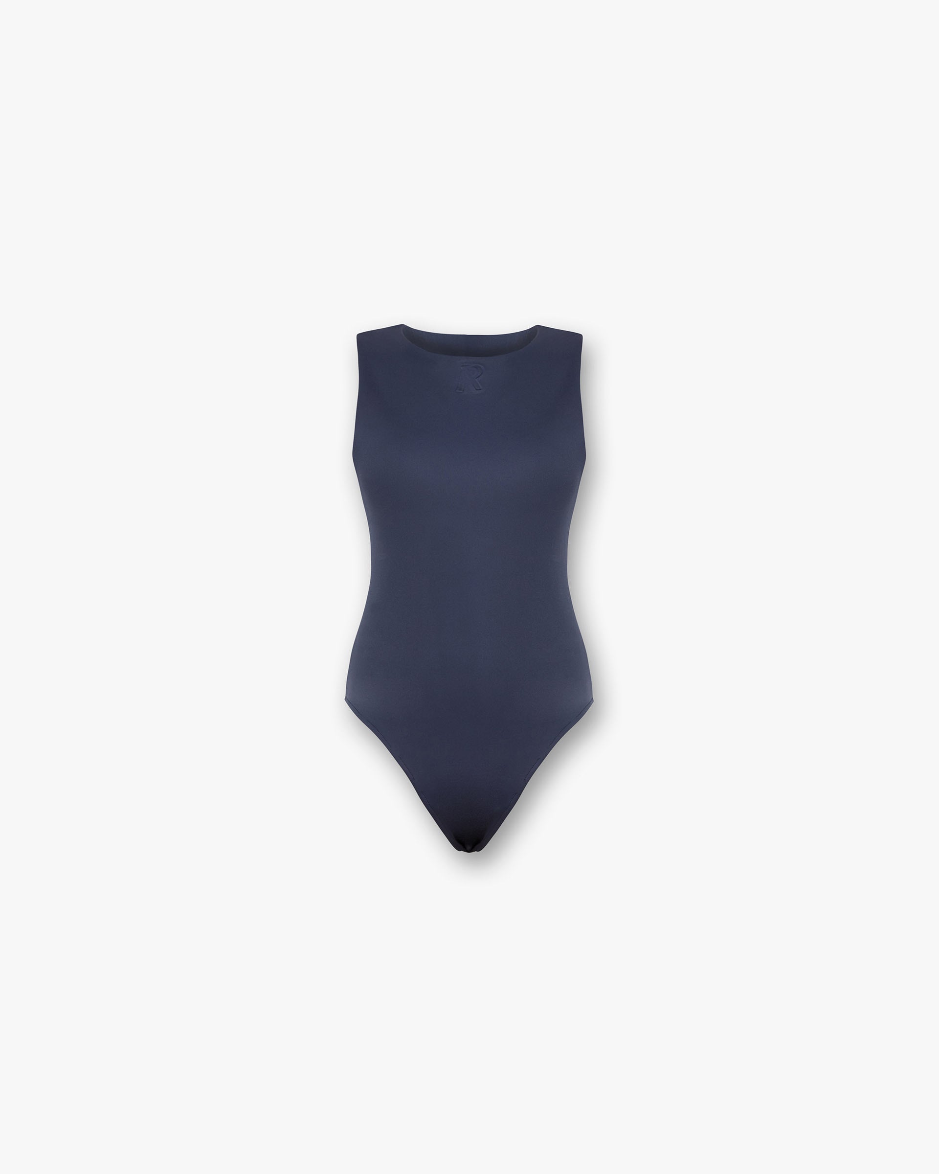Front product image of a womens graphite bodysuit on a plain white background | Control Bodysuit in Graphite | Bodysuit with flattering fit and sleek design | Womens SS25 Tops | Represent Clo