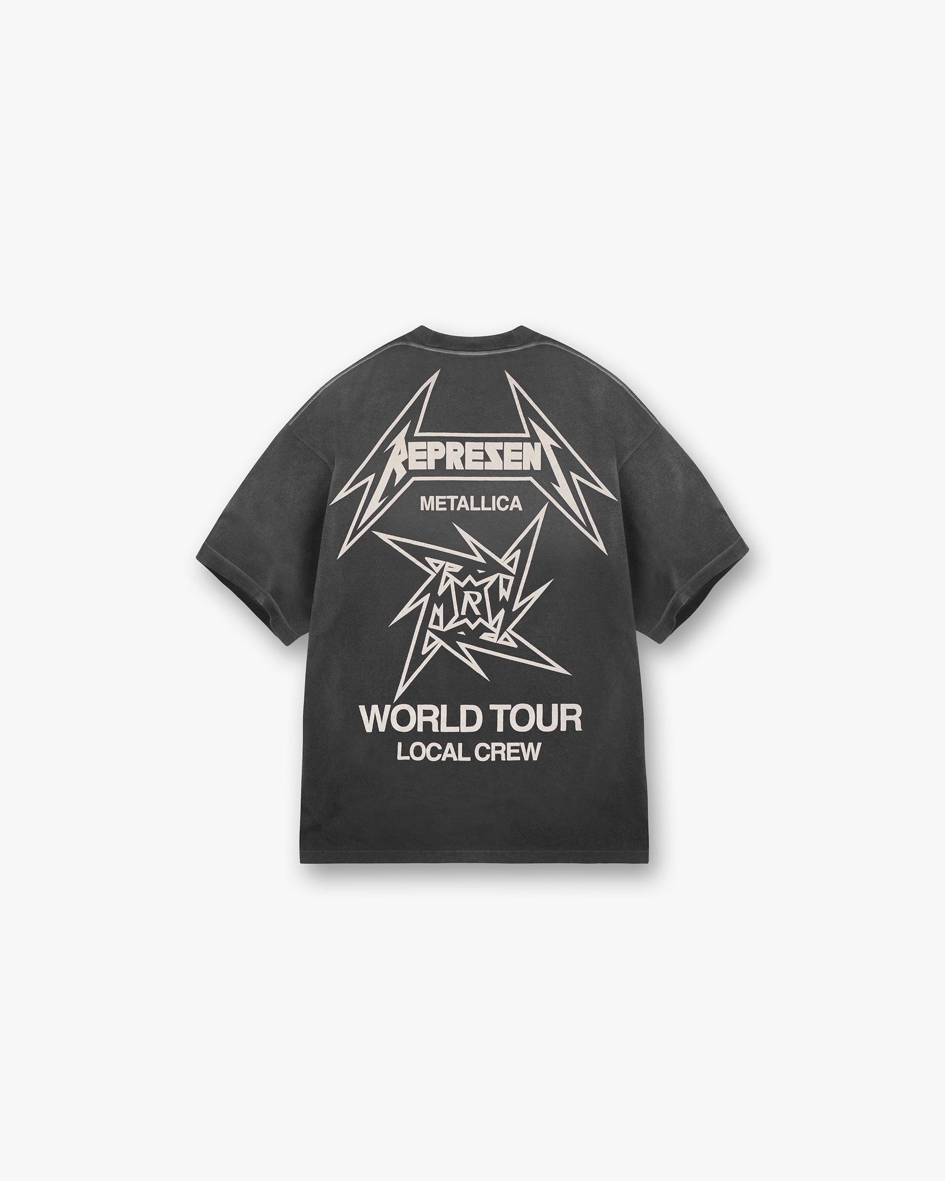 Back product image of a mens black t-shirt on a plain white background | Represent X Metallica Local Crew T-Shirt in Stained Black | Slightly oversized t-shirt with vintage details and slub fabric | SS24 T-Shirts | Represent Clo