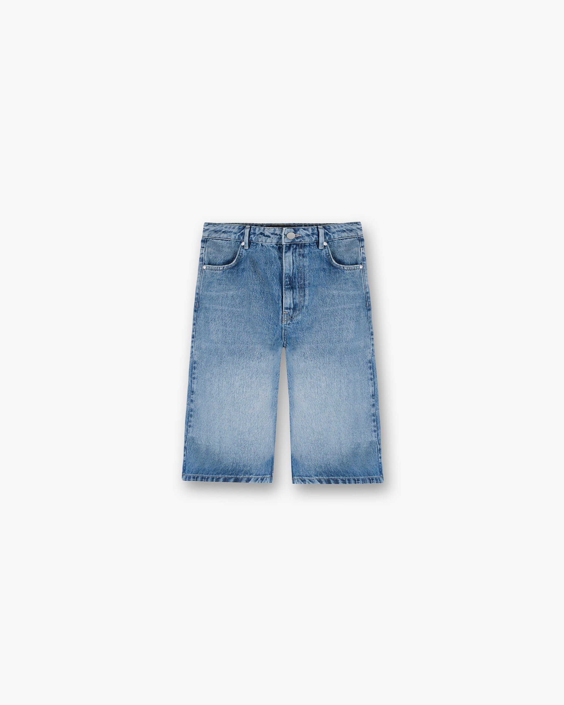Front product image of a womens blue denim shorts on a plain white background | Denim Bermuda Short in Washed Blue | Denim shorts with classic fit | SS25 Denim | Represent Clo
