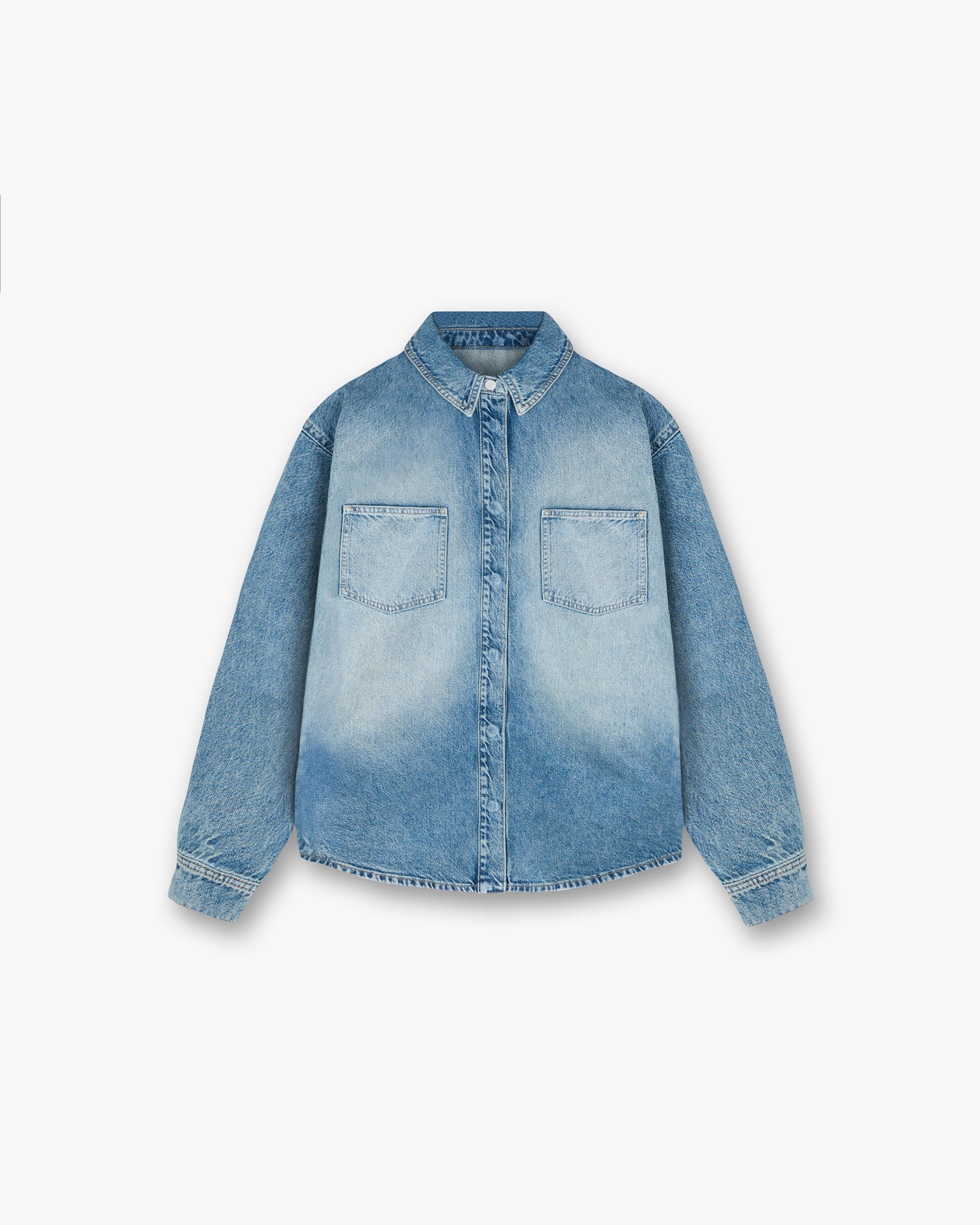 Front product image of a womens blue denim overshirt on a plain white background | Denim Overshirt in Washed Blue | Denim button-up overshirt | Womens SS25 Denim | Represent Clo