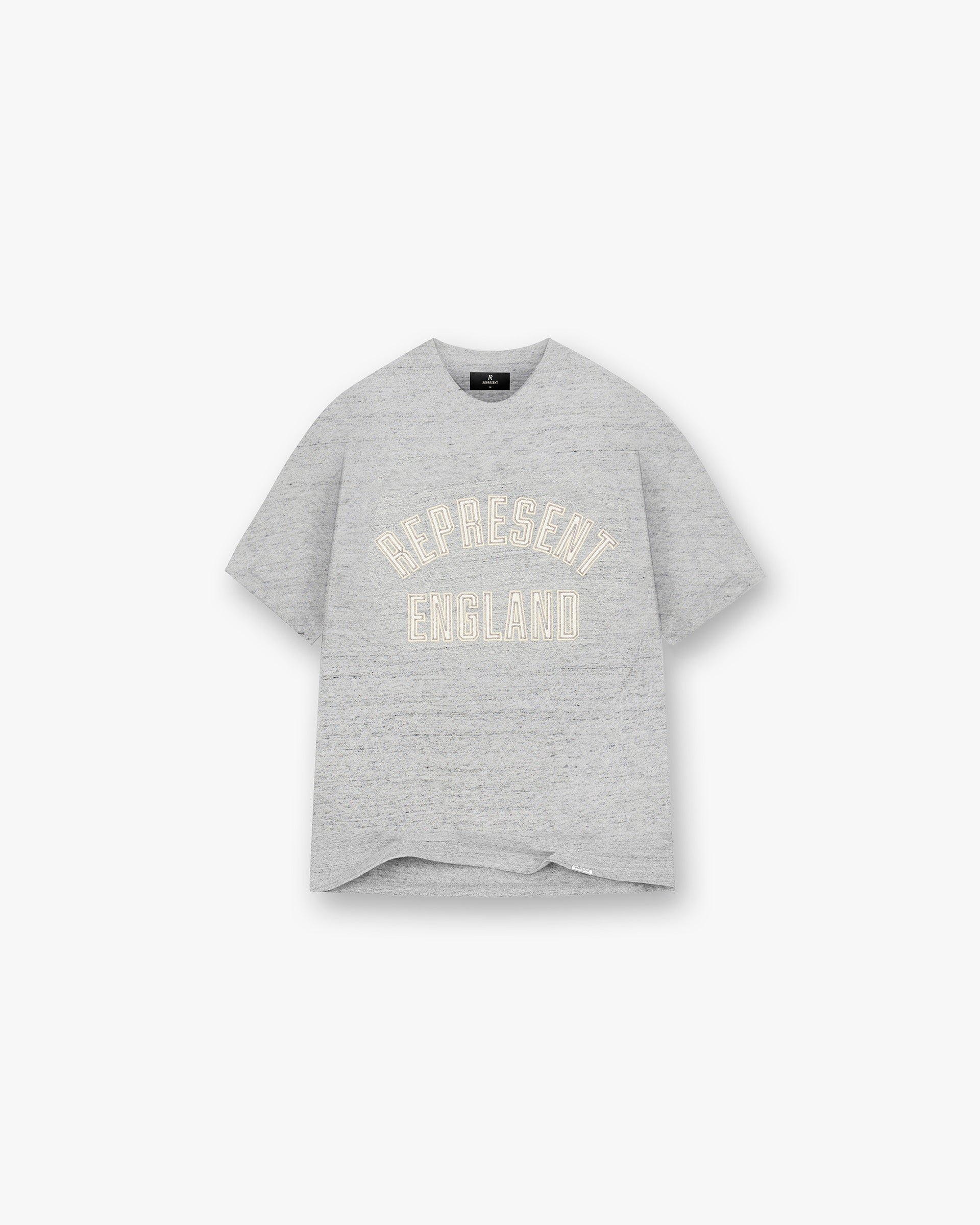 Front product image of a mens grey t-shirt on a plain white background | England Applique T-Shirt in Grey Marl | Boxy fit t-shirt with embroidered detail | PRE SS25 T-Shirts | Represent Clo