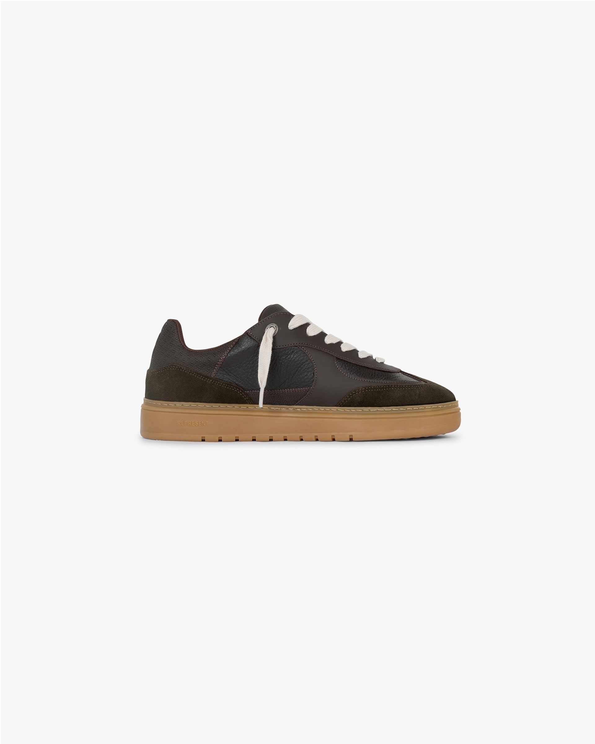 Front product image of mens brown footwear on a plain white background | Virtus in Chocolate Brown | Luxury cotton twill relaxed pant | FW24 Footwear | Represent Clo