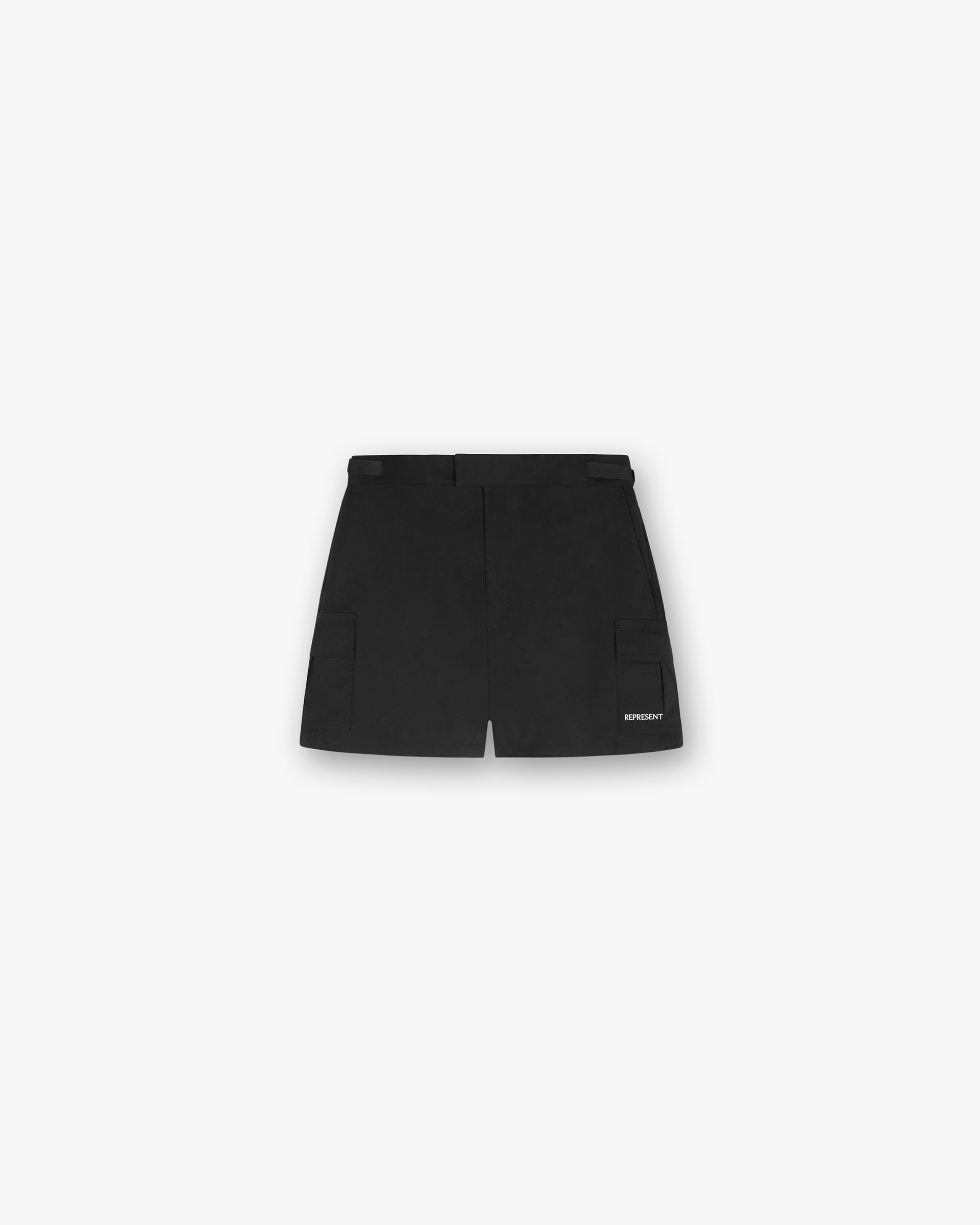 Front product image of mens black swim shorts on a plain white background | Cargo Swim Shorts in Jet Black | Swim shorts with cargo pockets | SC24 Shorts | Represent Clo