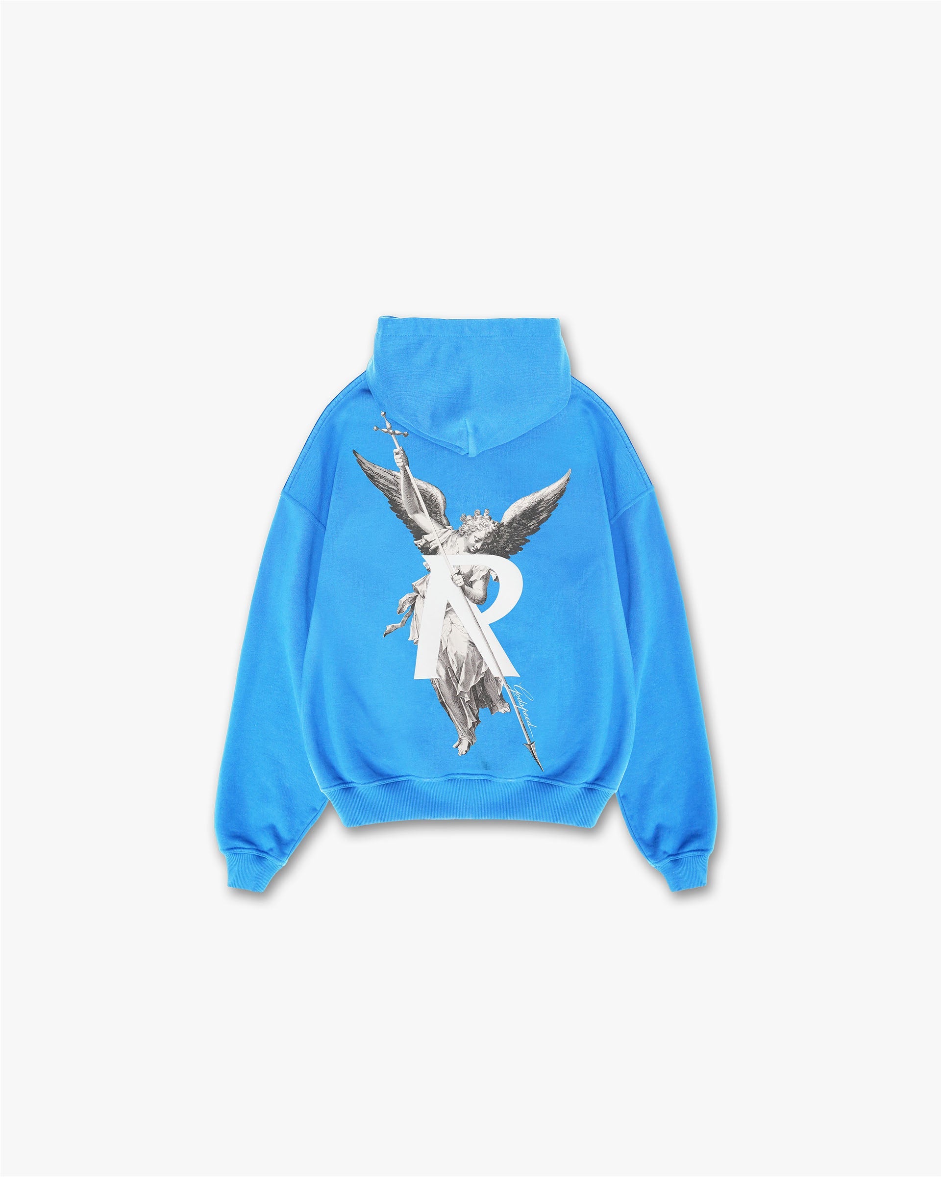Back product image of a mens blue hoodie on a plain white background | Archangel Hoodie in Electric Blue | Oversized hoodie with ribbed hems and high density graphic | FW24 Hoodies | Represent Clo