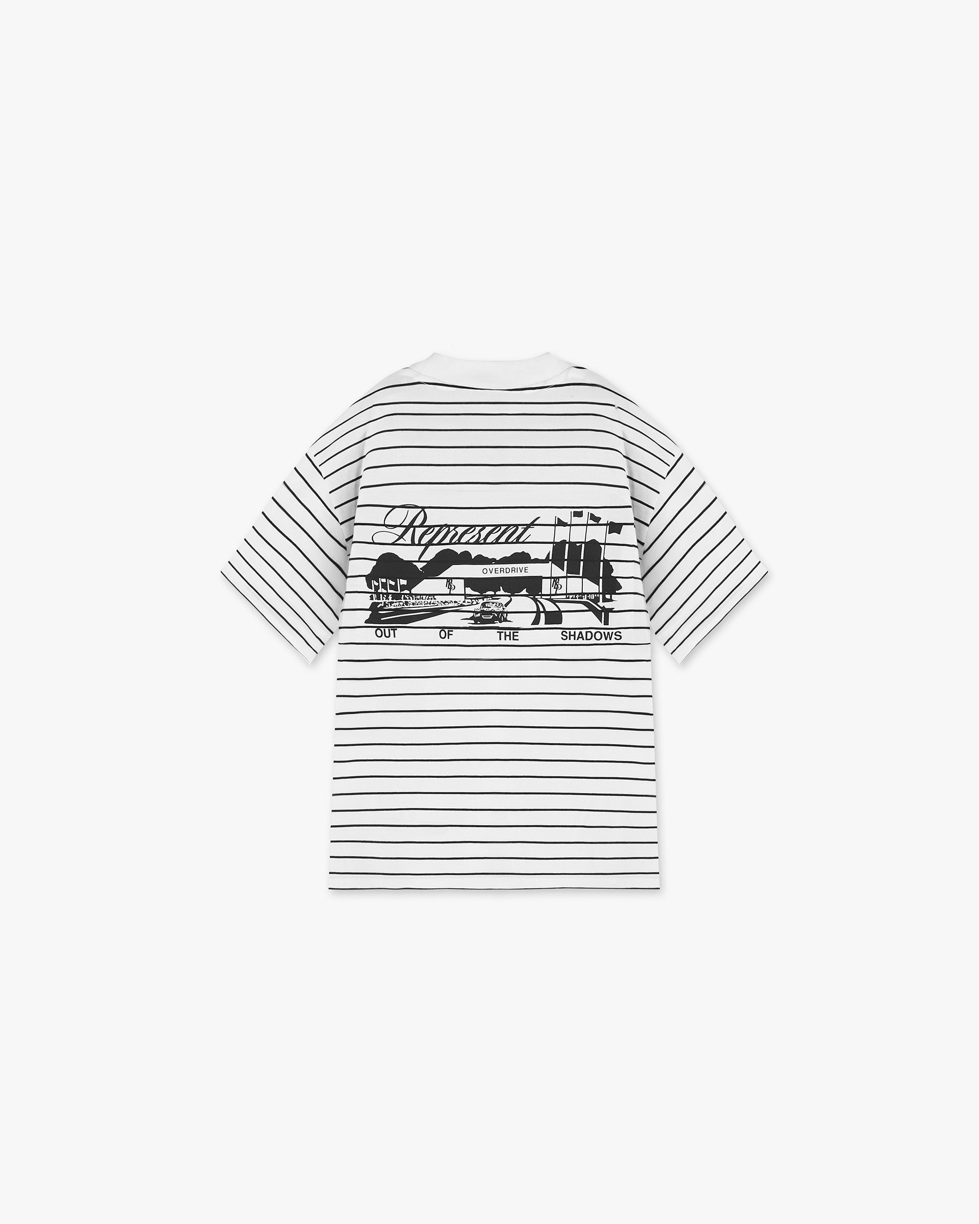 Back product image of a mens white and matcha striped t-shirt on a plain white background | Raceway T-Shirt in Stripe | Oversized t-shirt with screen print graphic | SS25 T-Shirts | Represent Clo