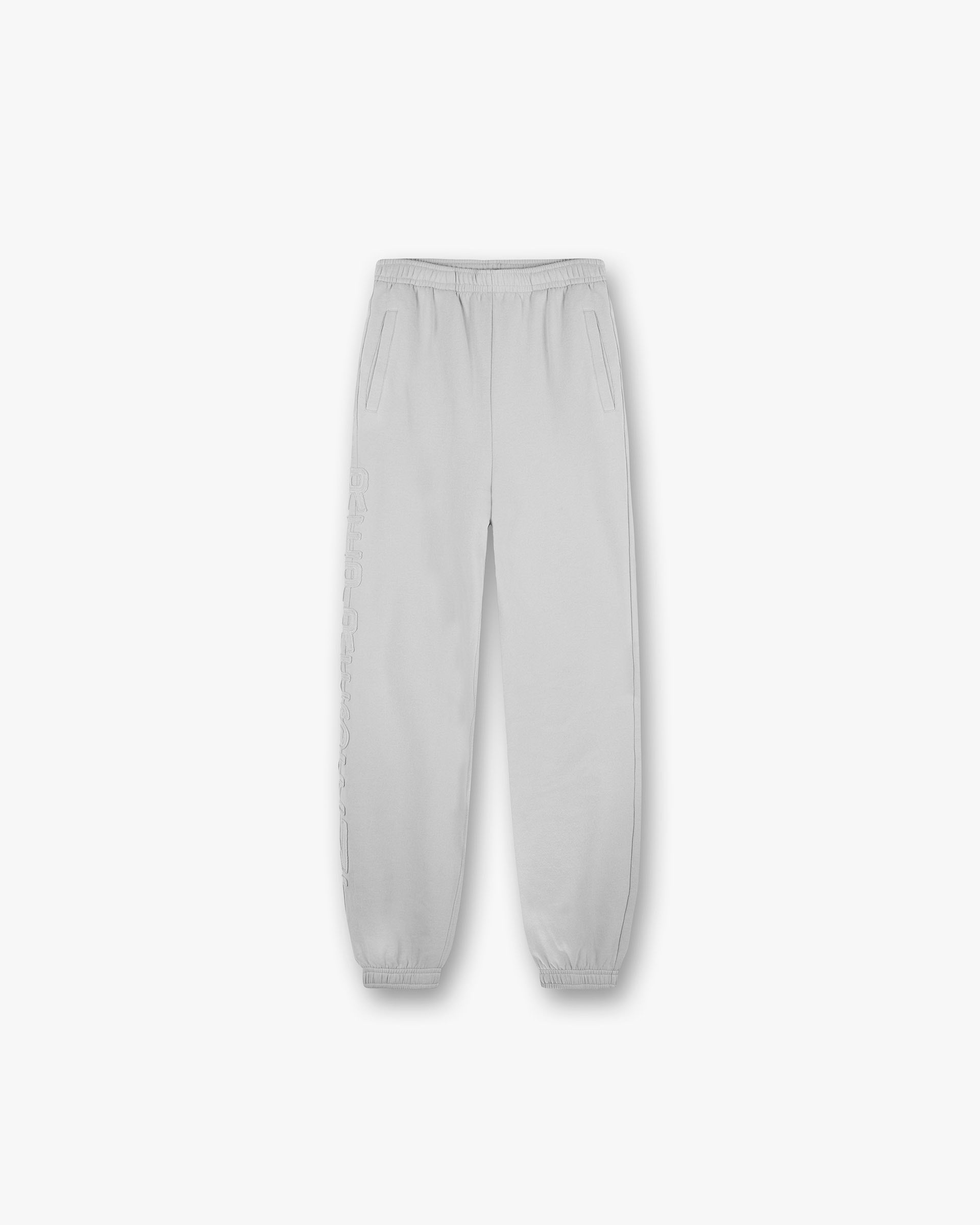 Front product image of womens light grey joggers on a plain white background | Epic Jogger in Light Grey | Joggers with ribbed cuffs and elasticated waistband | Womens SS25 Bottoms | Represent Clo