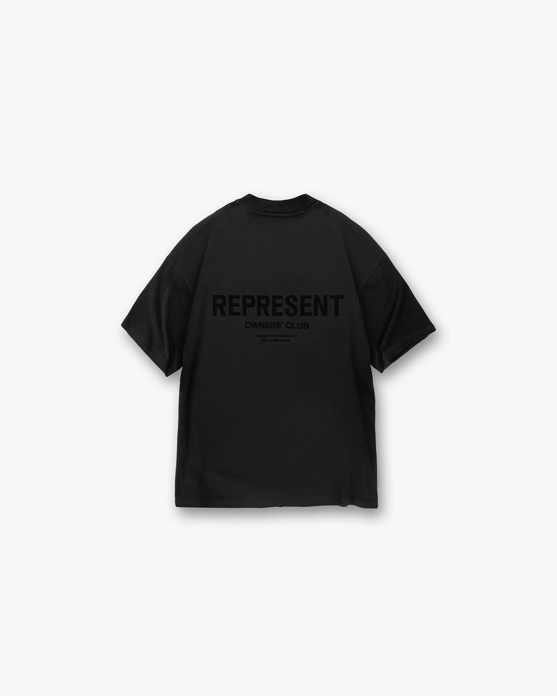 Front product image of a mens black t-shirt on a plain white background | Represent Owners Club Flocked T-Shirt in Black | Oversized fit t-shirt with cracked eagle graphic | Owners Club T-Shirts | Represent Clo