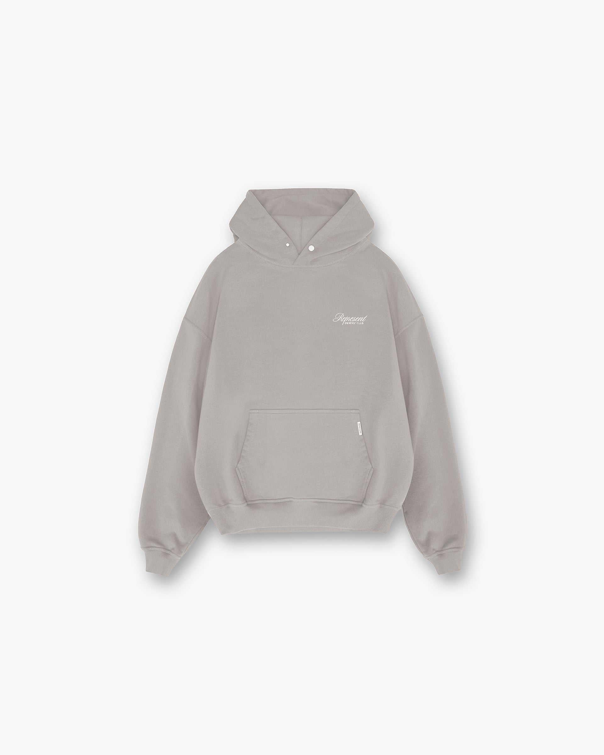 Front product image of a mens grey hoodie on a plain white background | Represent Owners Club Script Hoodie in Slate | Oversized fit hoodie with script logo | Owners Club Hoodies | Represent Clo