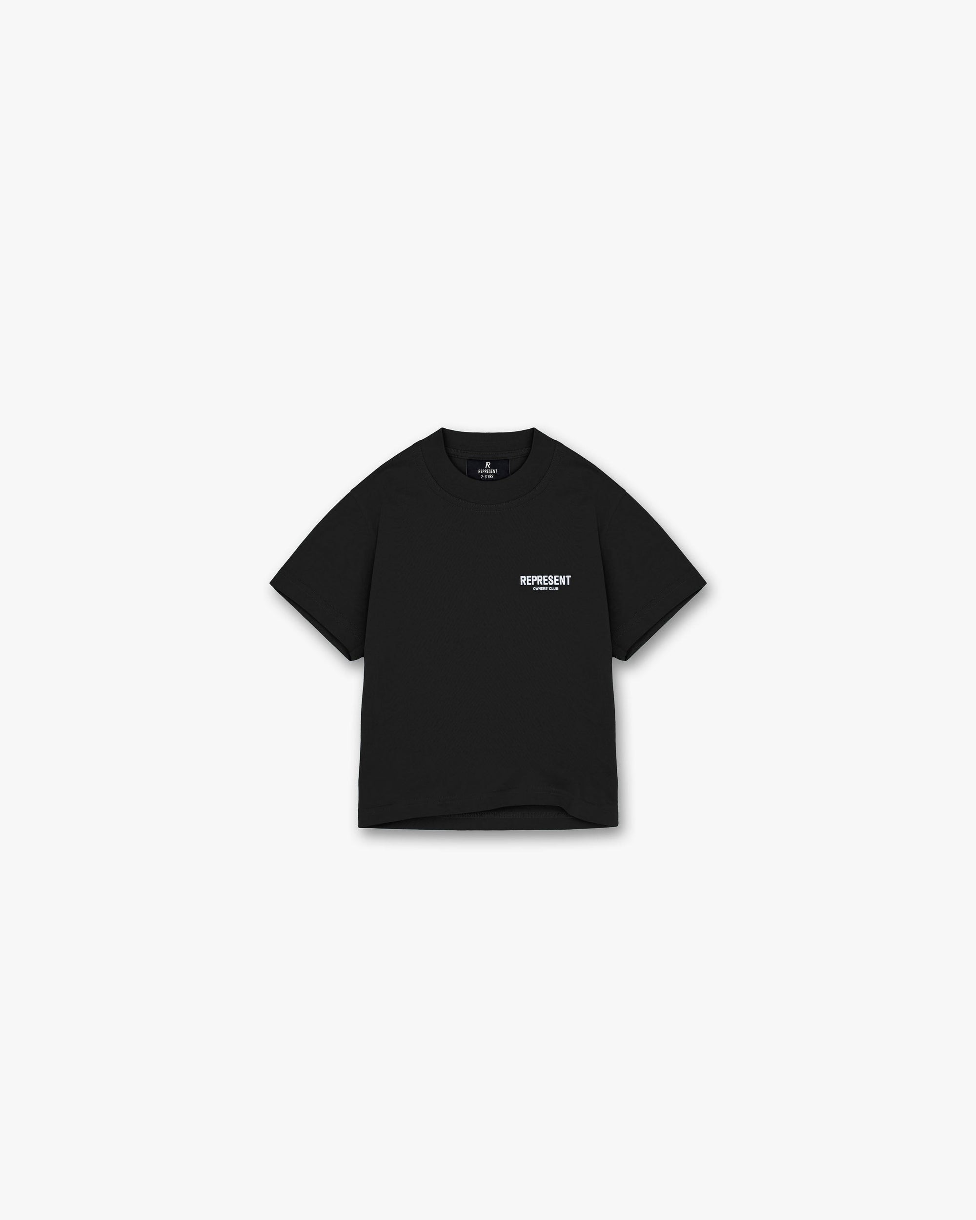 Back product image of a child's black t-shirt on a plain white background | Mini Owners Club T-Shirt in Black | Screen printed graphic slightly oversized fit t-shirt | Owners Club T-Shirts | Represent Clo
