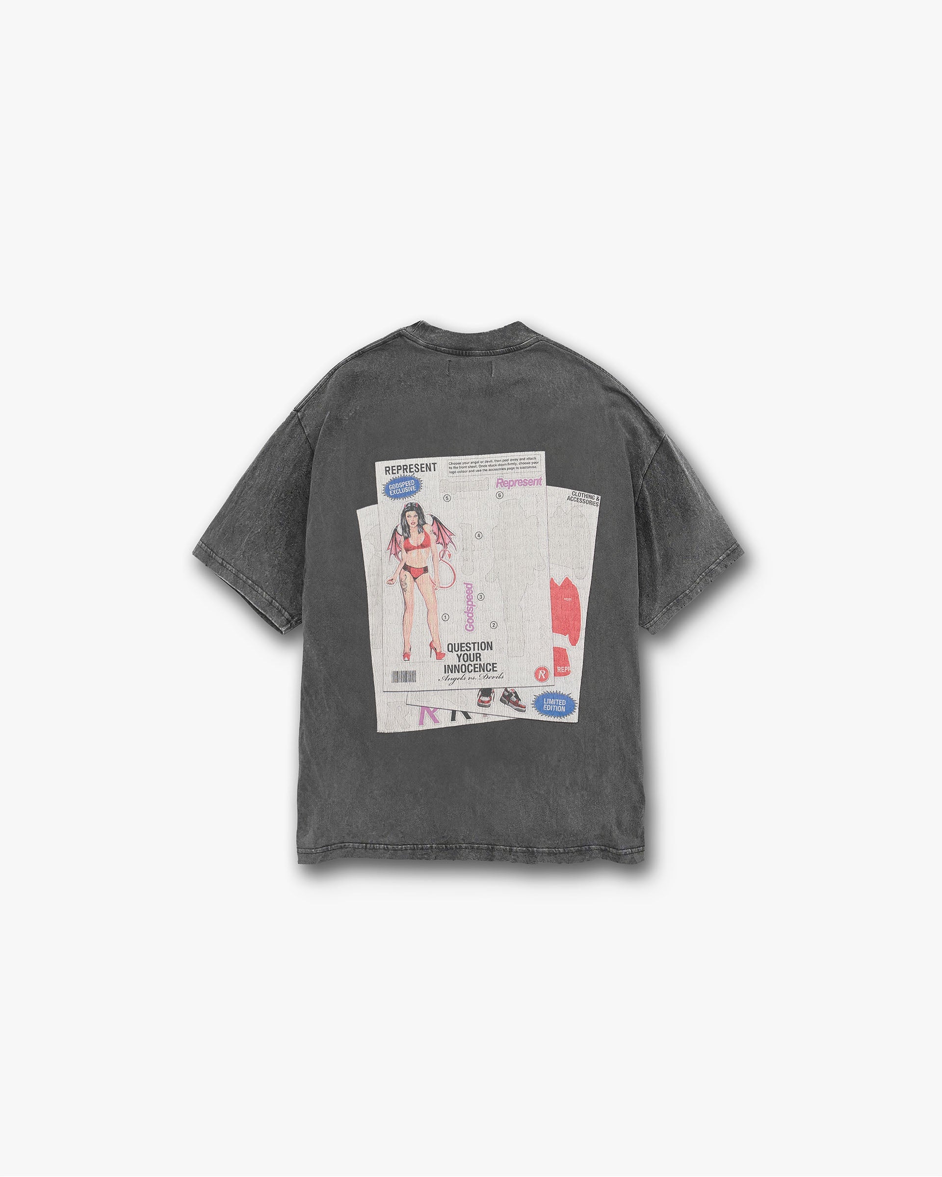 Back product image of a mens grey t-shirt on a plain white background | Question Your Innocence T-Shirt in Vintage Grey | Vintage look t-shirt with cracked print graphic | FW24 T-Shirts | Represent Clo