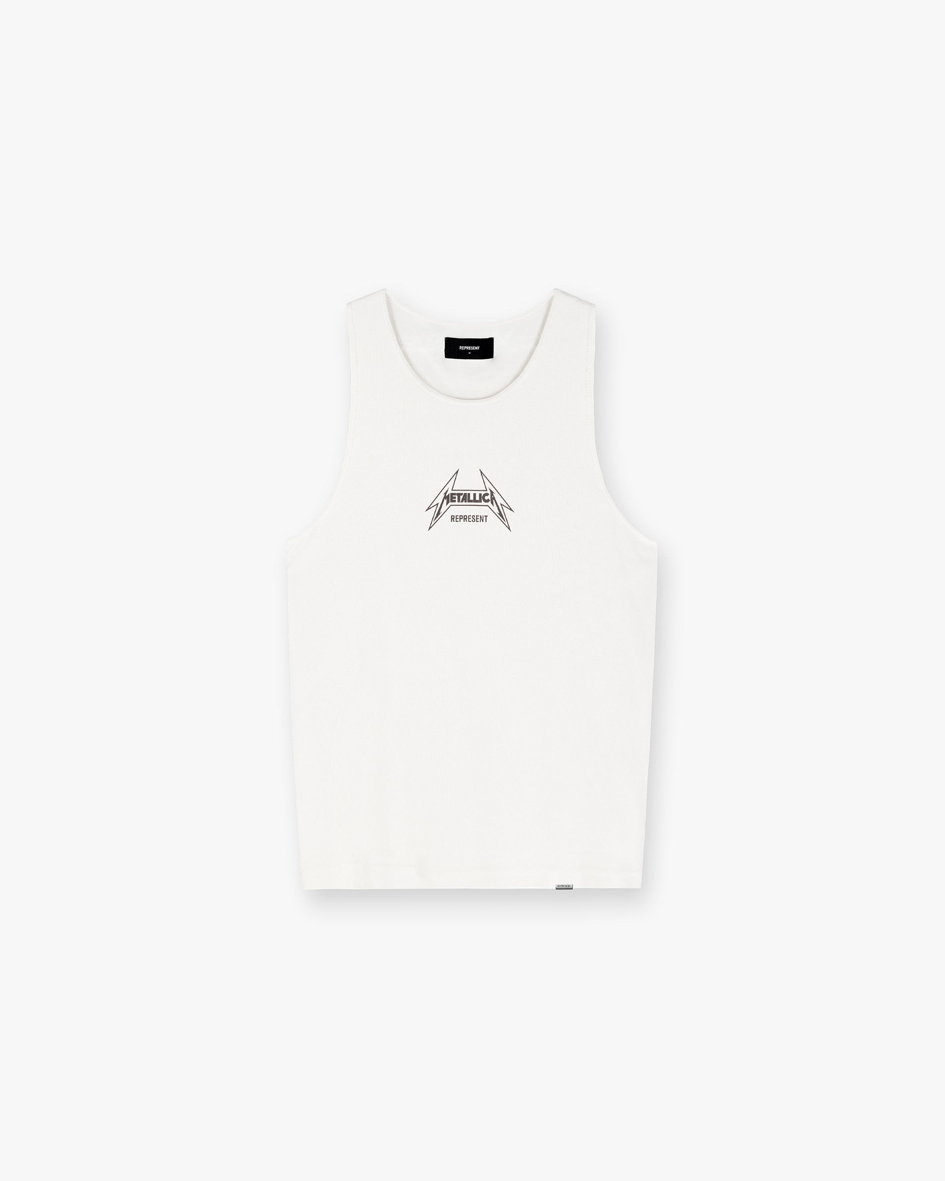 Front product image of a mens white vest on a plain white background | Represent X Metallica Local Crew Vest in Flat White | Collaboration t-shirt with crew print | SS24 T-Shirts | Represent Clo