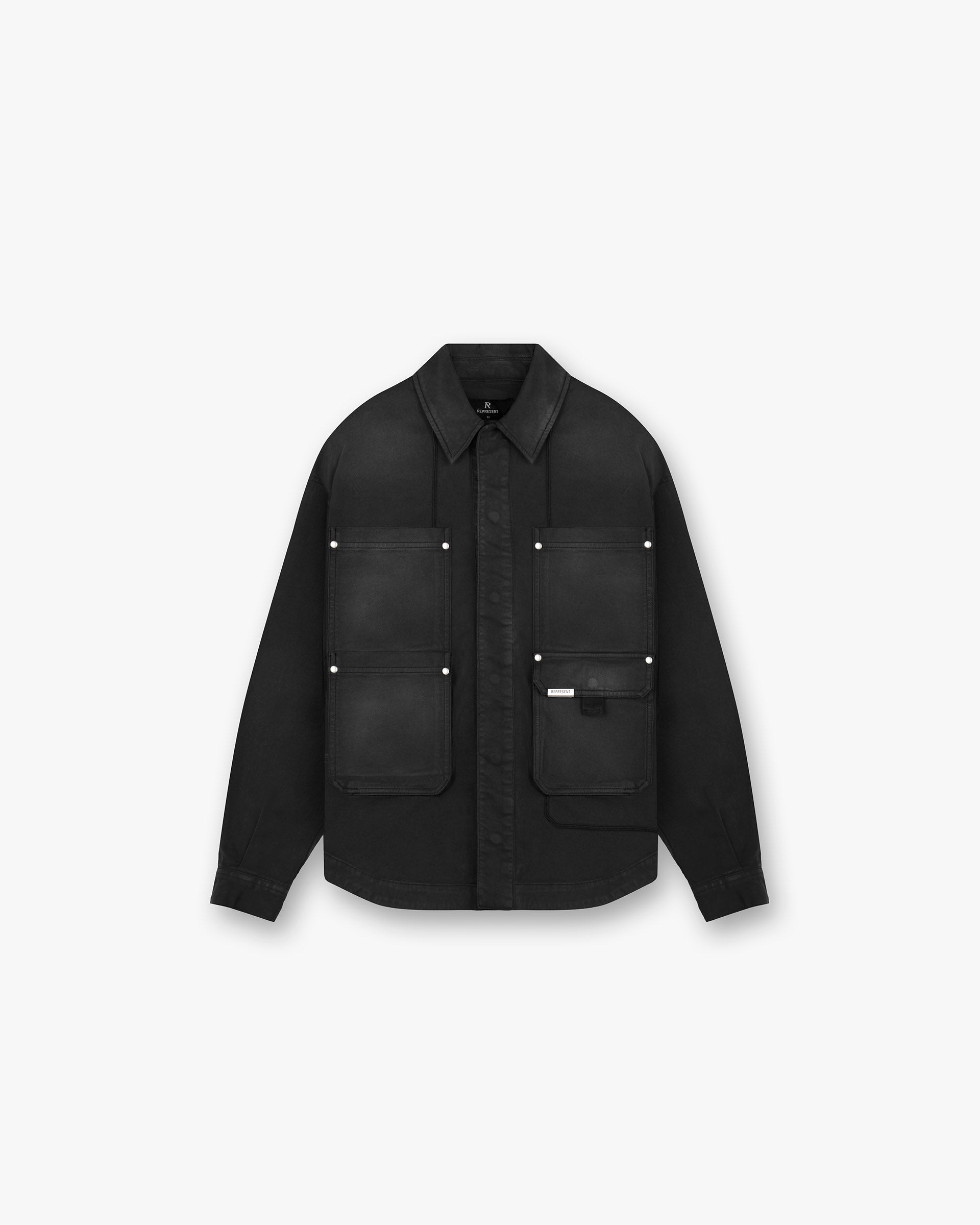 Front product image of a mens black shirt on a plain white background | Workshop Shirt in Washed Black | Casual shirt with classic collar | FW24 Shirts | Represent Clo